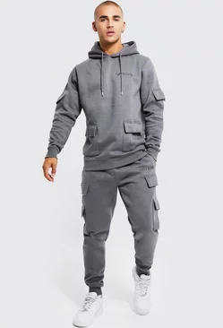 Official Man Cargo Hooded Panelled Tracksuit Slate