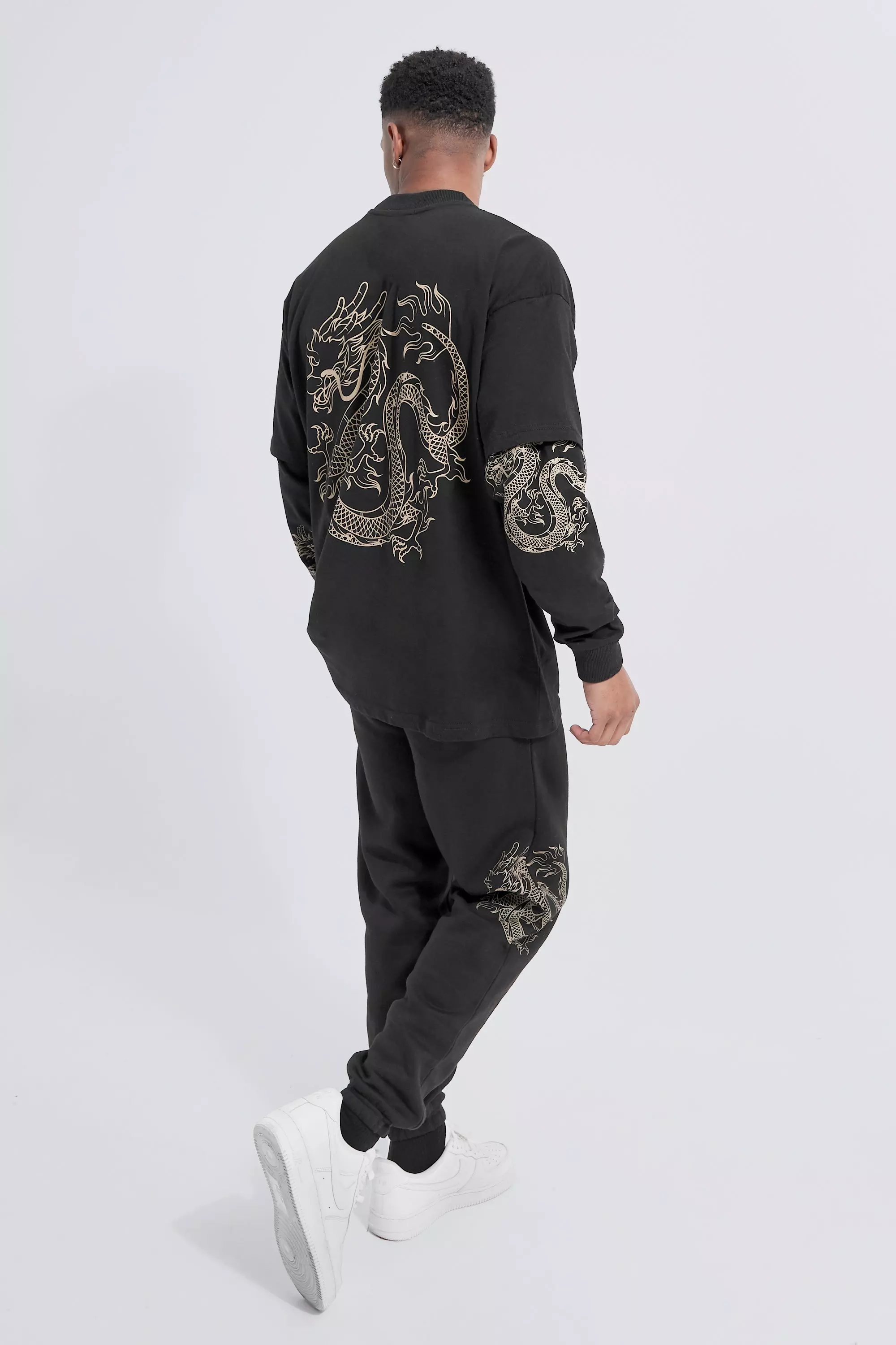 Black Oversized Dragon Faux Layer T-shirt Tracksuit