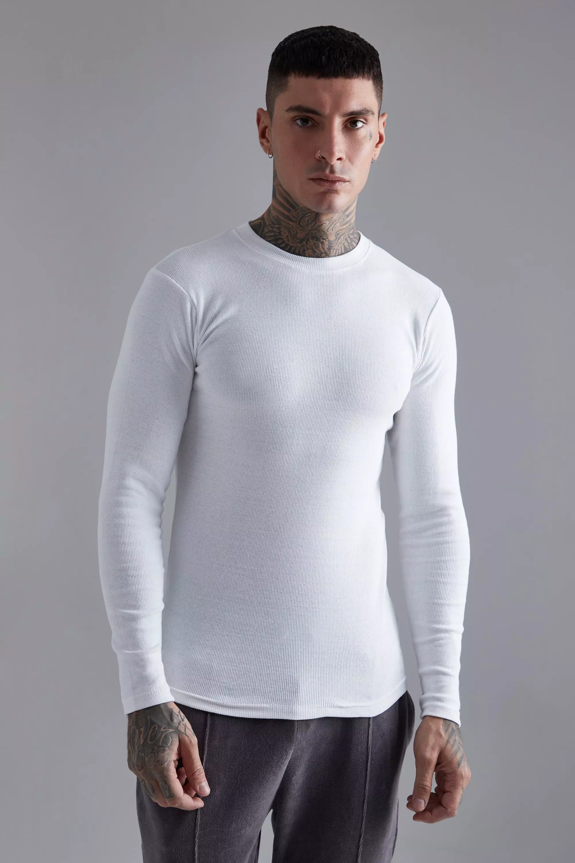 Long Sleeve Muscle Fit Ribbed T-shirt | boohooMAN USA