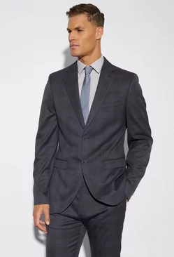 Tall Slim Single Breast Check Suit Jacket Dark grey