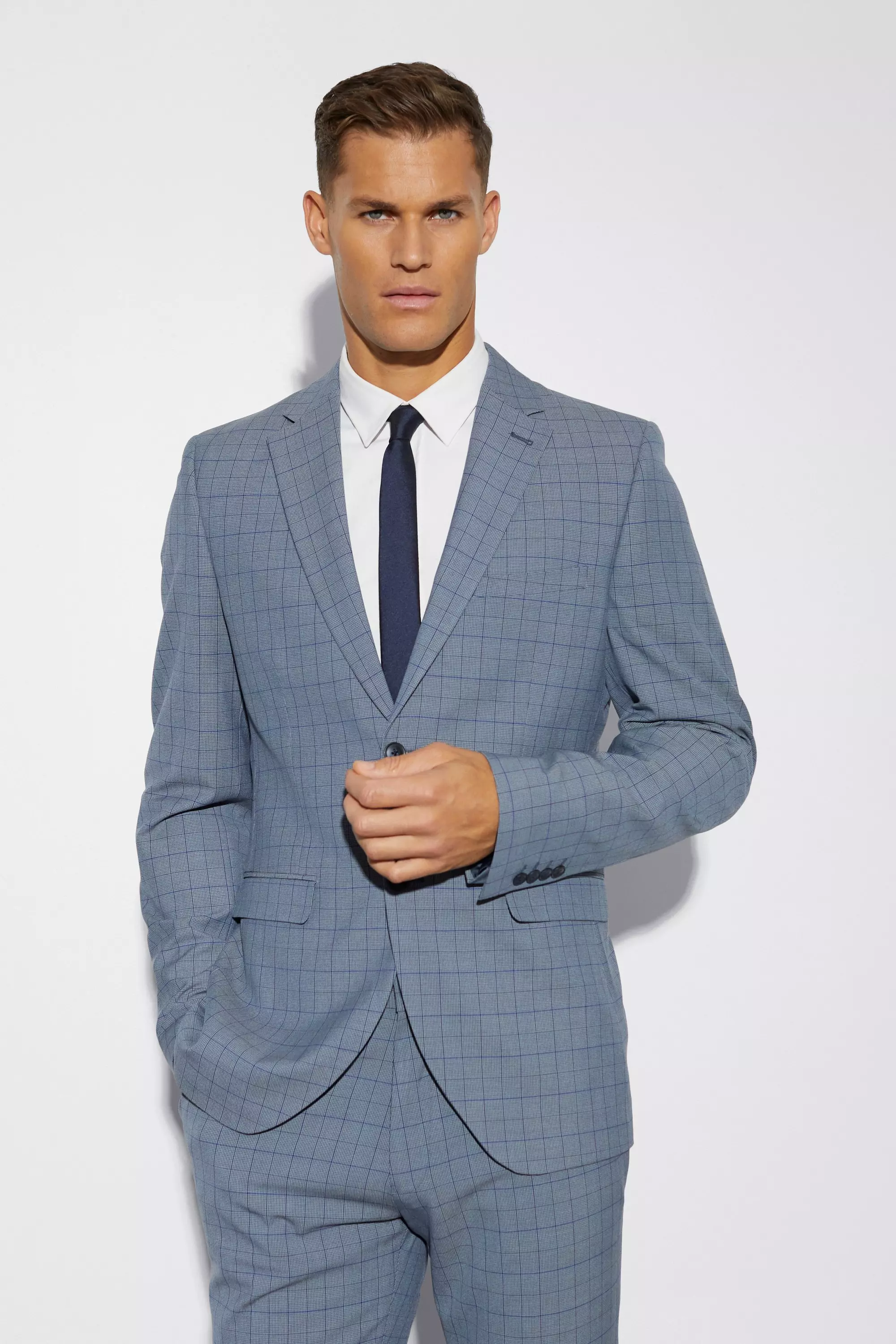 Tall Slim Single Breast Check Suit Jacket Blue