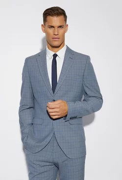 Tall Slim Single Breast Check Suit Jacket Blue