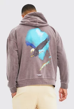 Oversized Washed Eagle Graphic Hoodie Chocolate