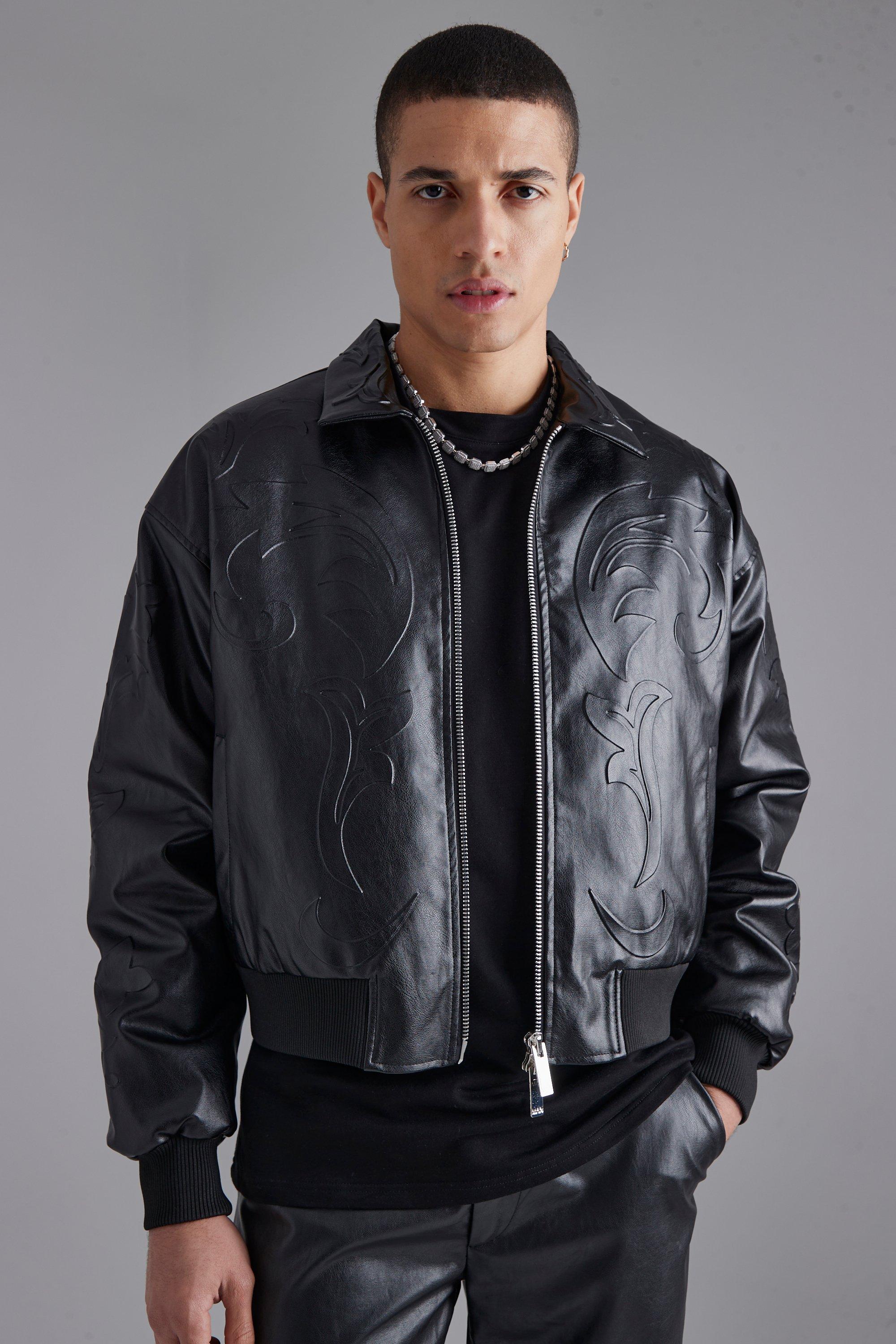 Black Pu Croc Embossed Oversized Bomber Jacket