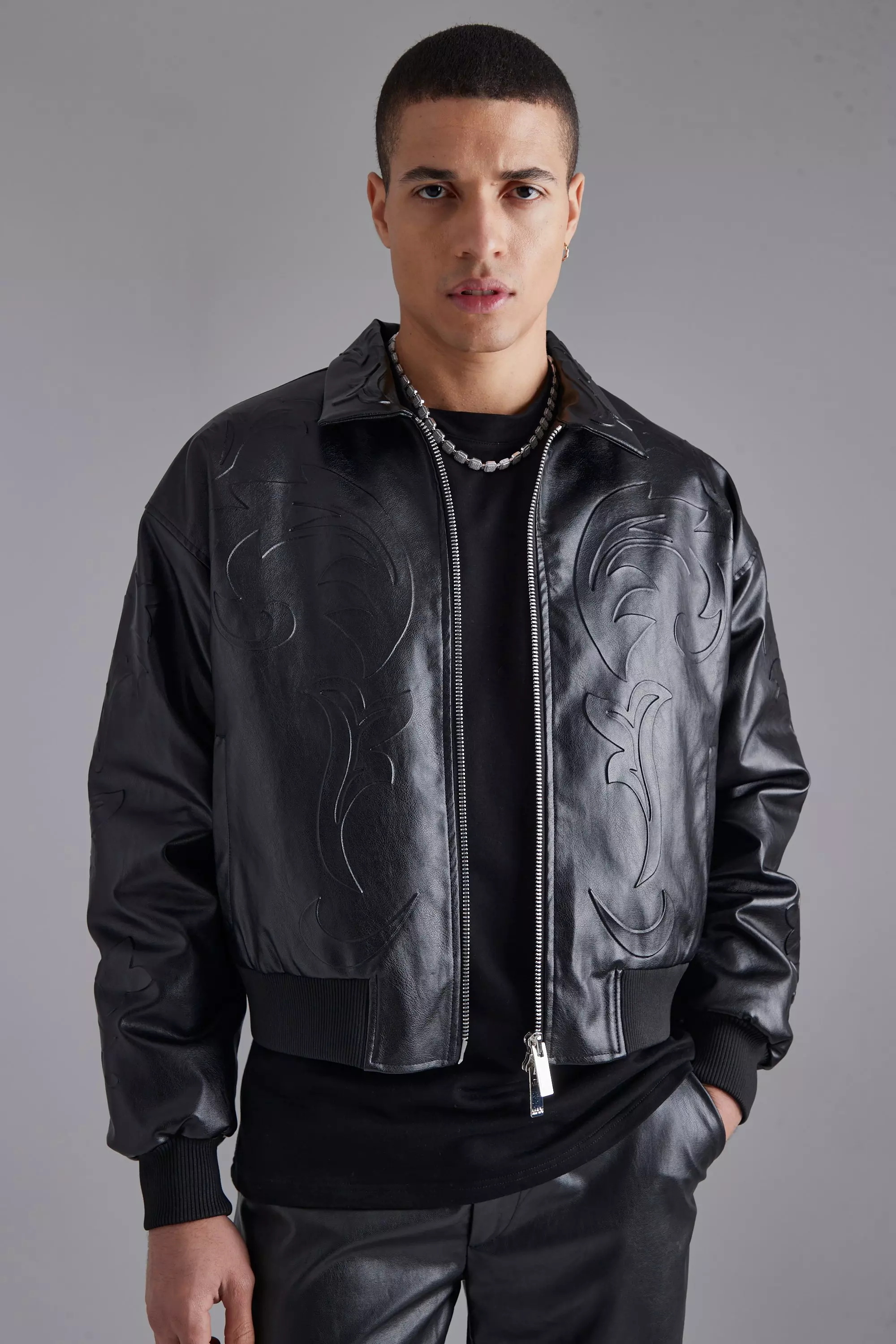 Black Embossed Pu Baroque Boxy Bomber Jacket alternative image