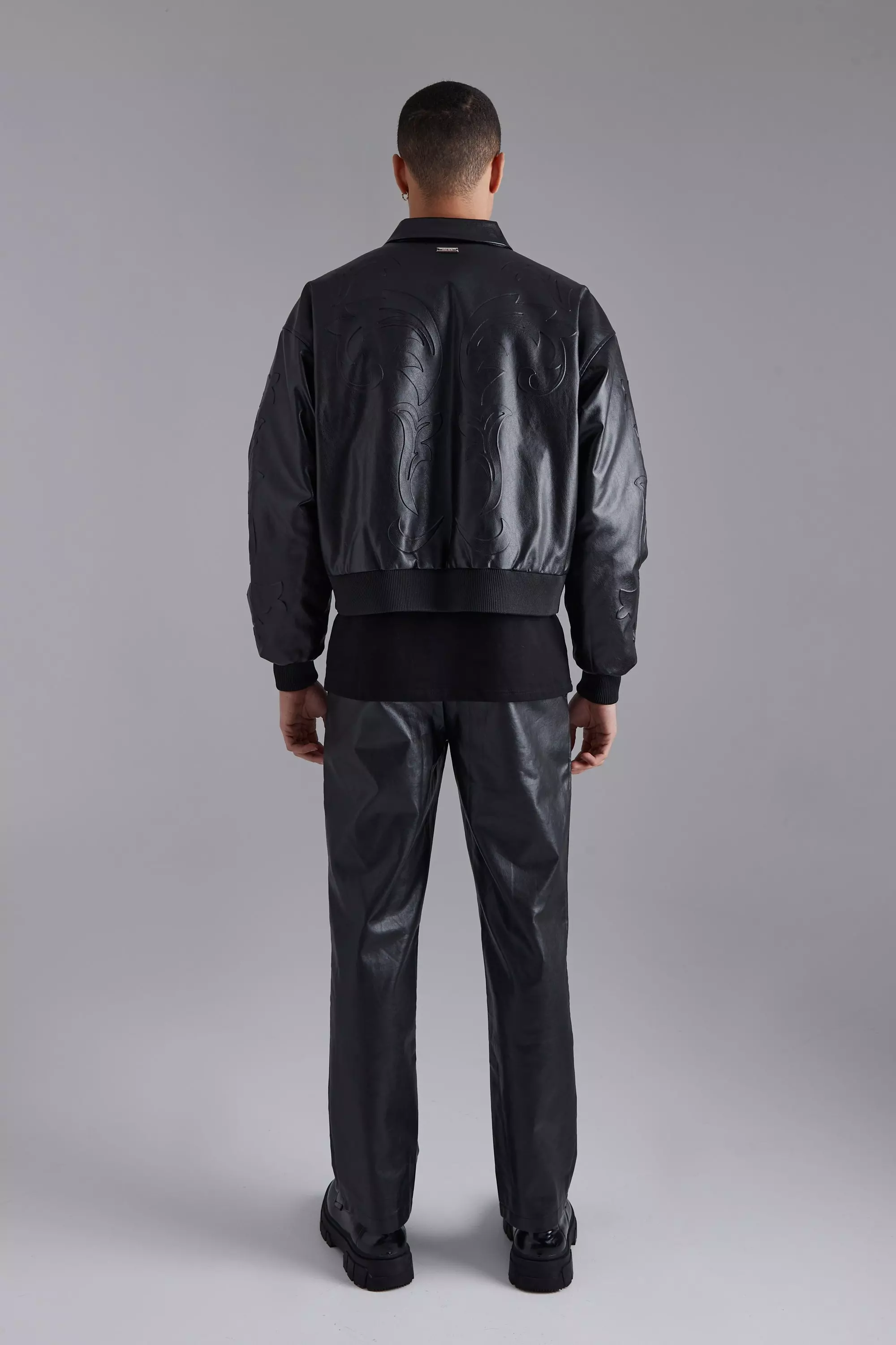 Black Embossed Pu Baroque Boxy Bomber Jacket alternative image