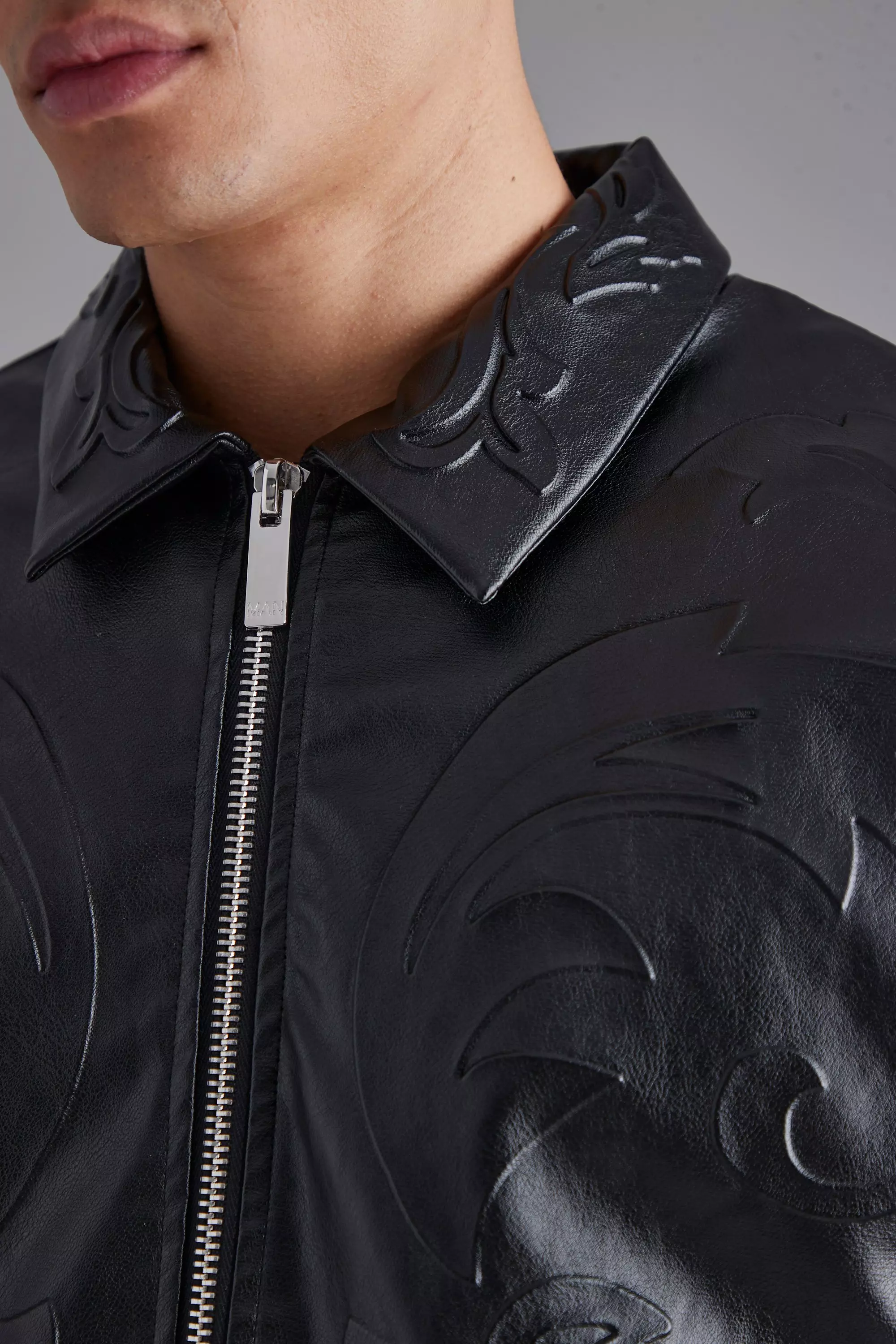 Black Embossed Pu Baroque Boxy Bomber Jacket alternative image