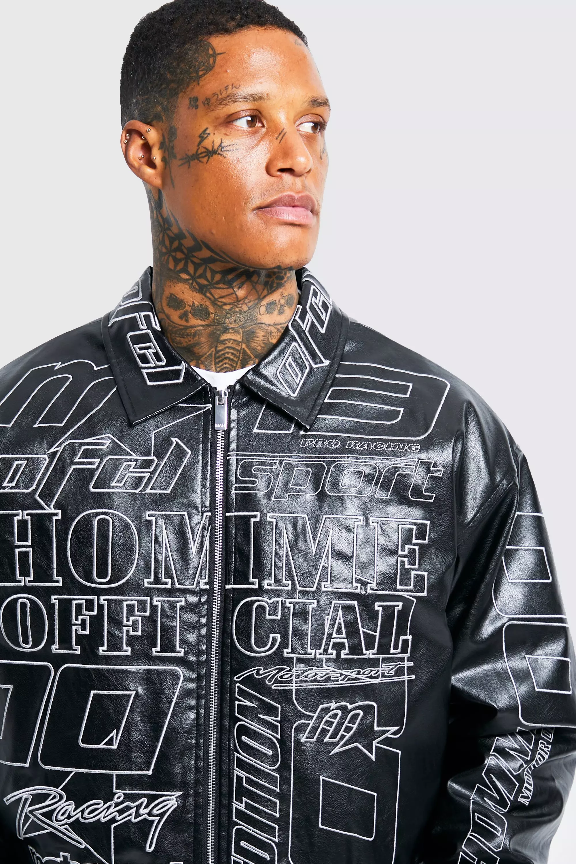 Pu Embroidered Moto Jacket | boohooMAN USA