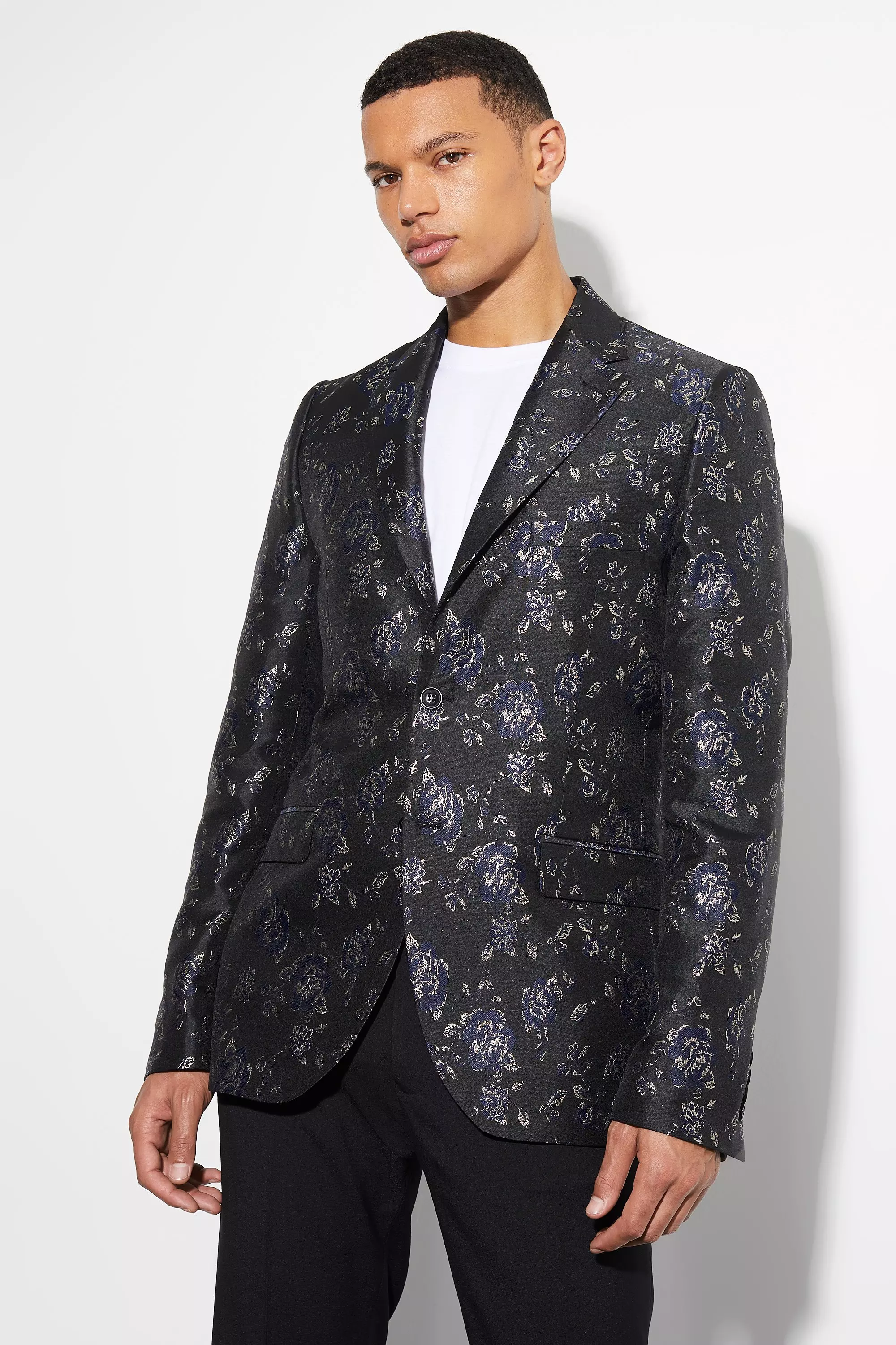 Navy Tall Slim Rose Jacquard Blazer