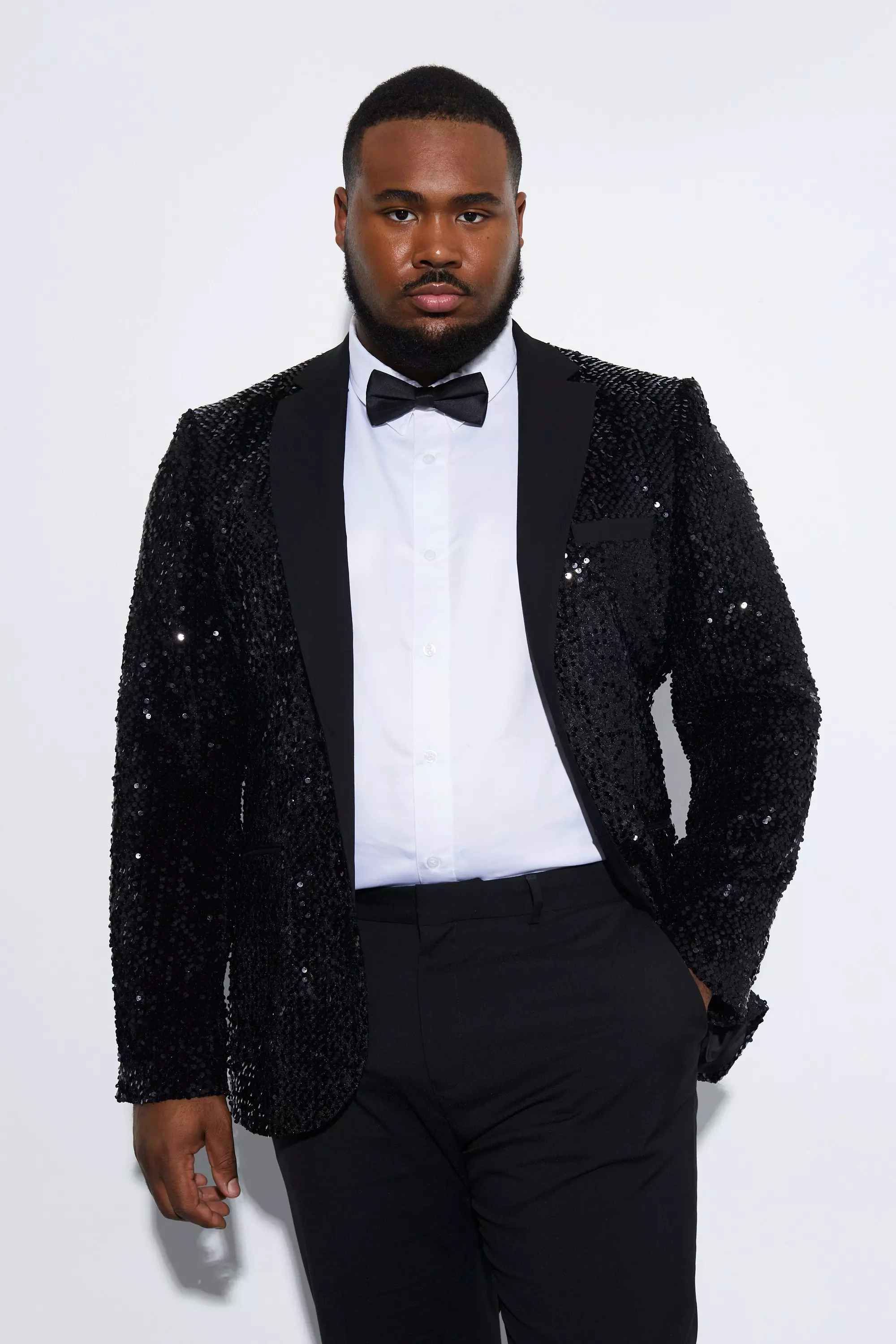 Plus Skinny Sequin Blazer With Contrast Lapel boohooMAN UK