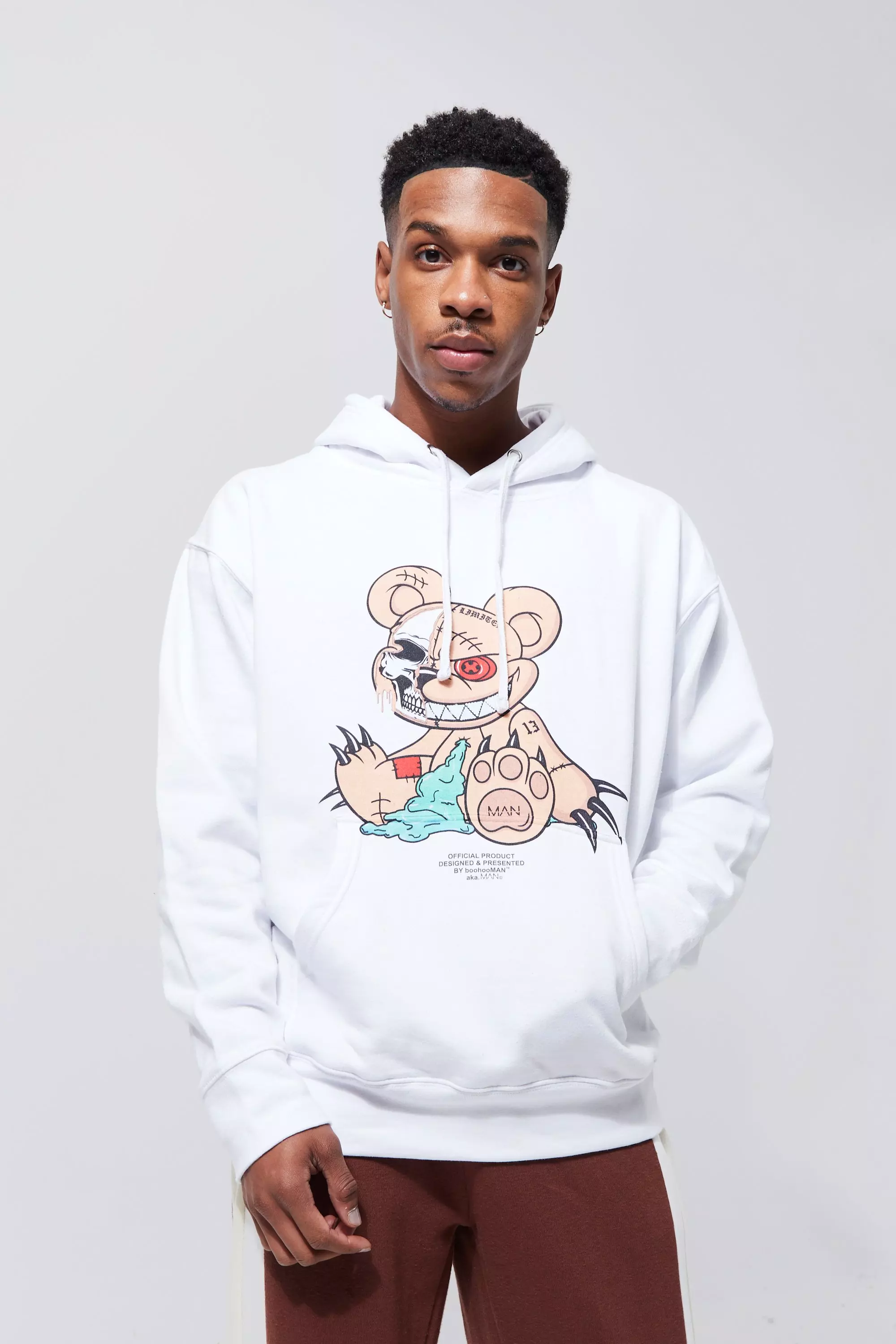 White Oversized Evil Teddy Graphic Hoodie