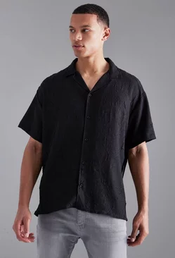 Tall Short Sleeve Boxy Revere Crinkle Shirt Black