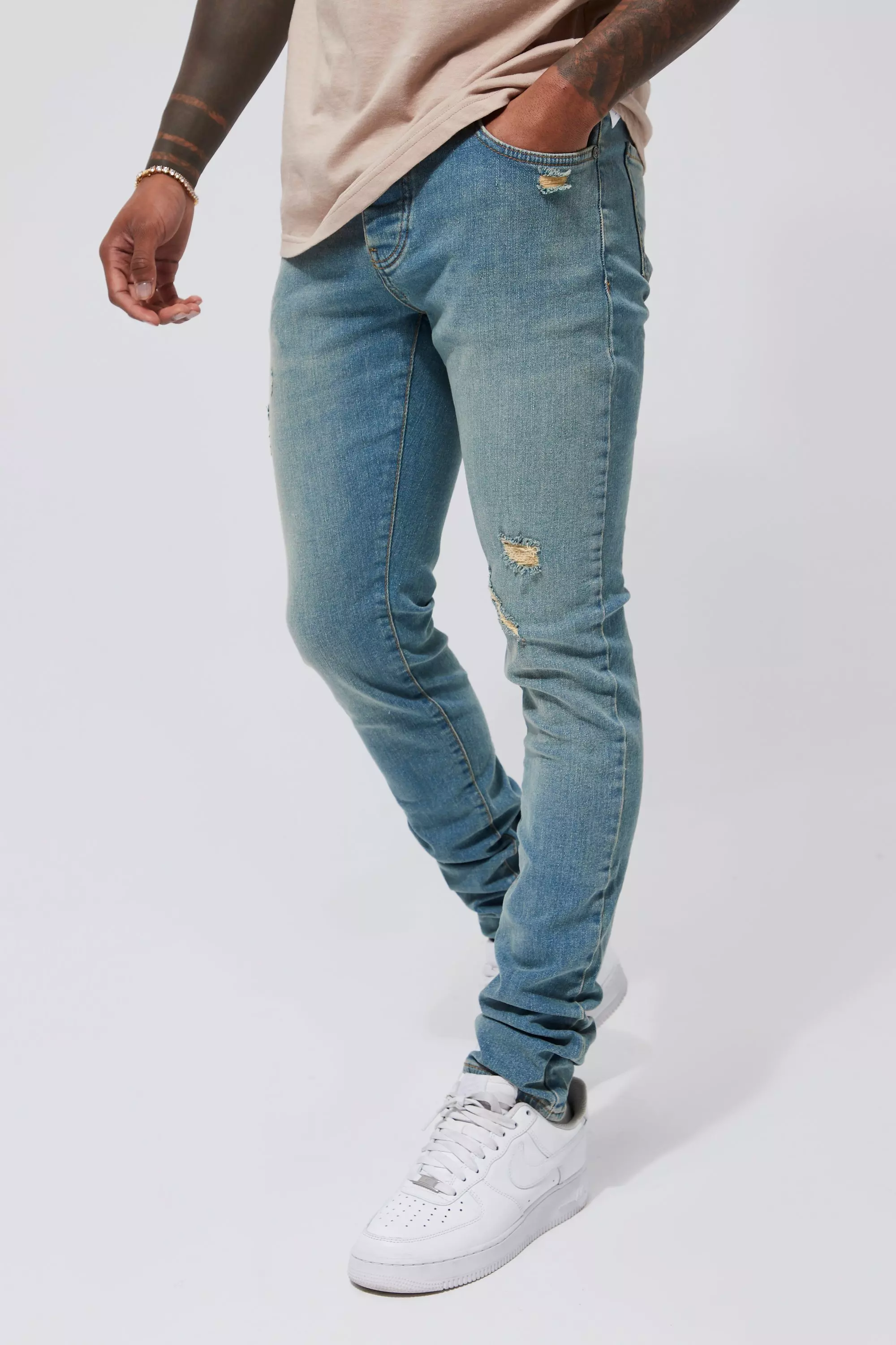Blue Skinny Stacked Stretch Distressed Jeans