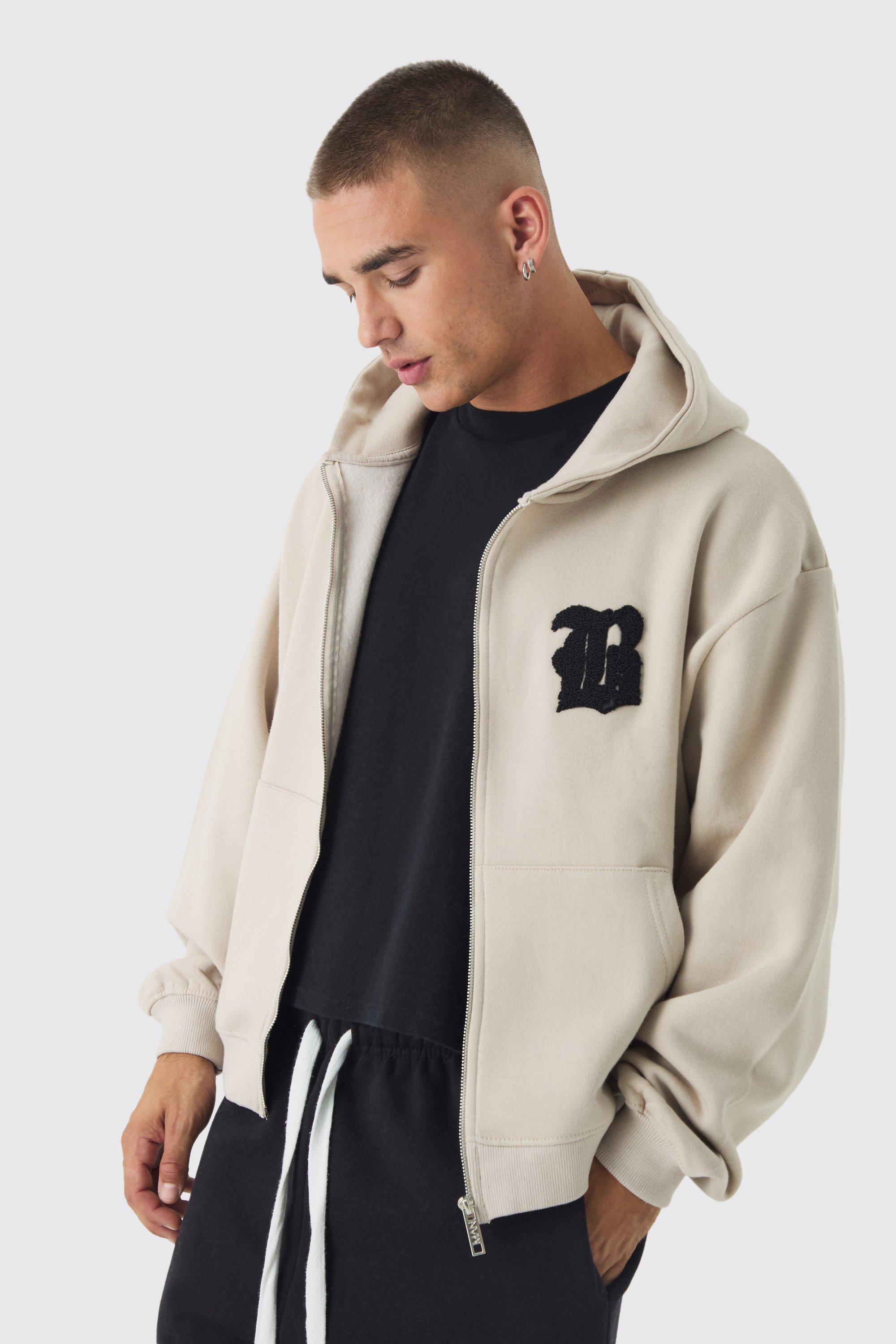 boohooMAN Boxy Fit Zip Through Hoodie - Beige - Size M