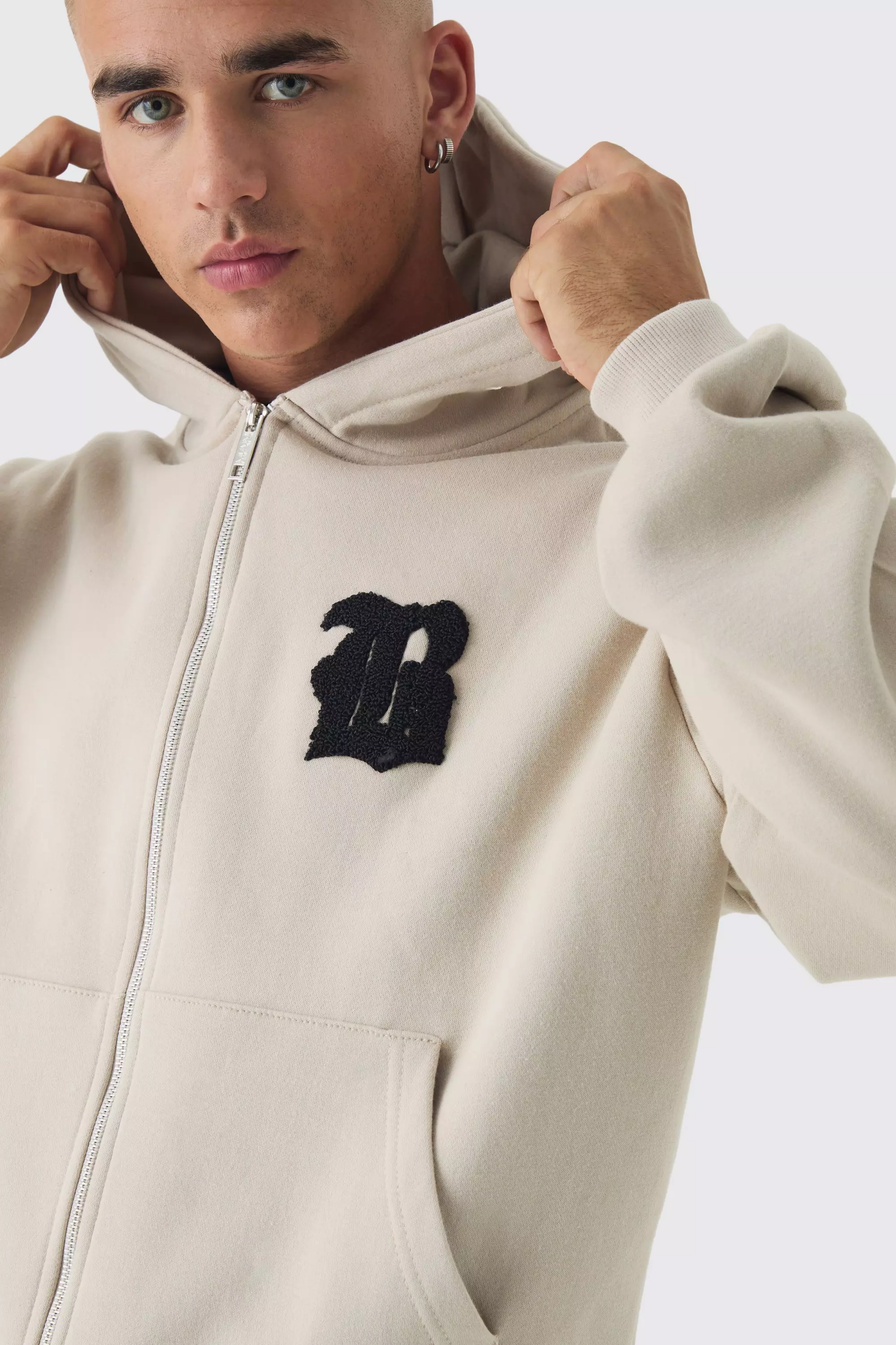 Boxy Fit B Applique Zip Through Hoodie | boohooMAN USA