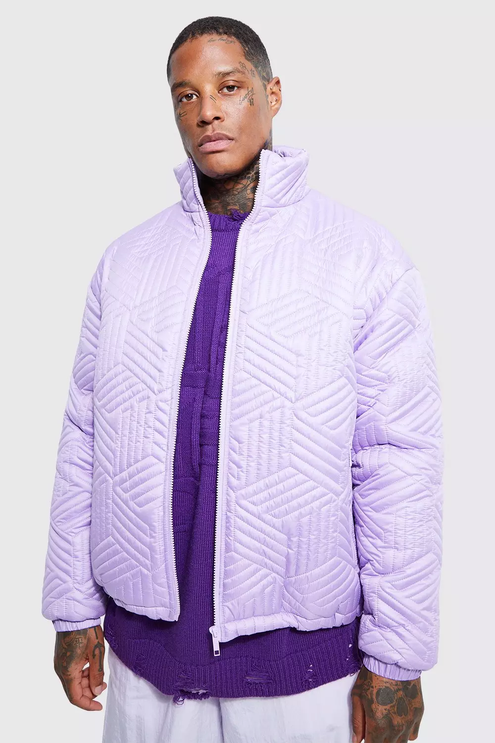 Purple Funnel Neck Oversized Quilted Puffer alternative image