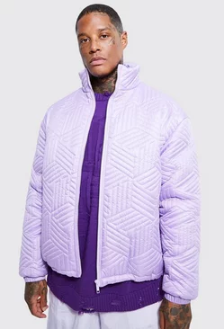 Purple Funnel Neck Oversized Quilted Puffer