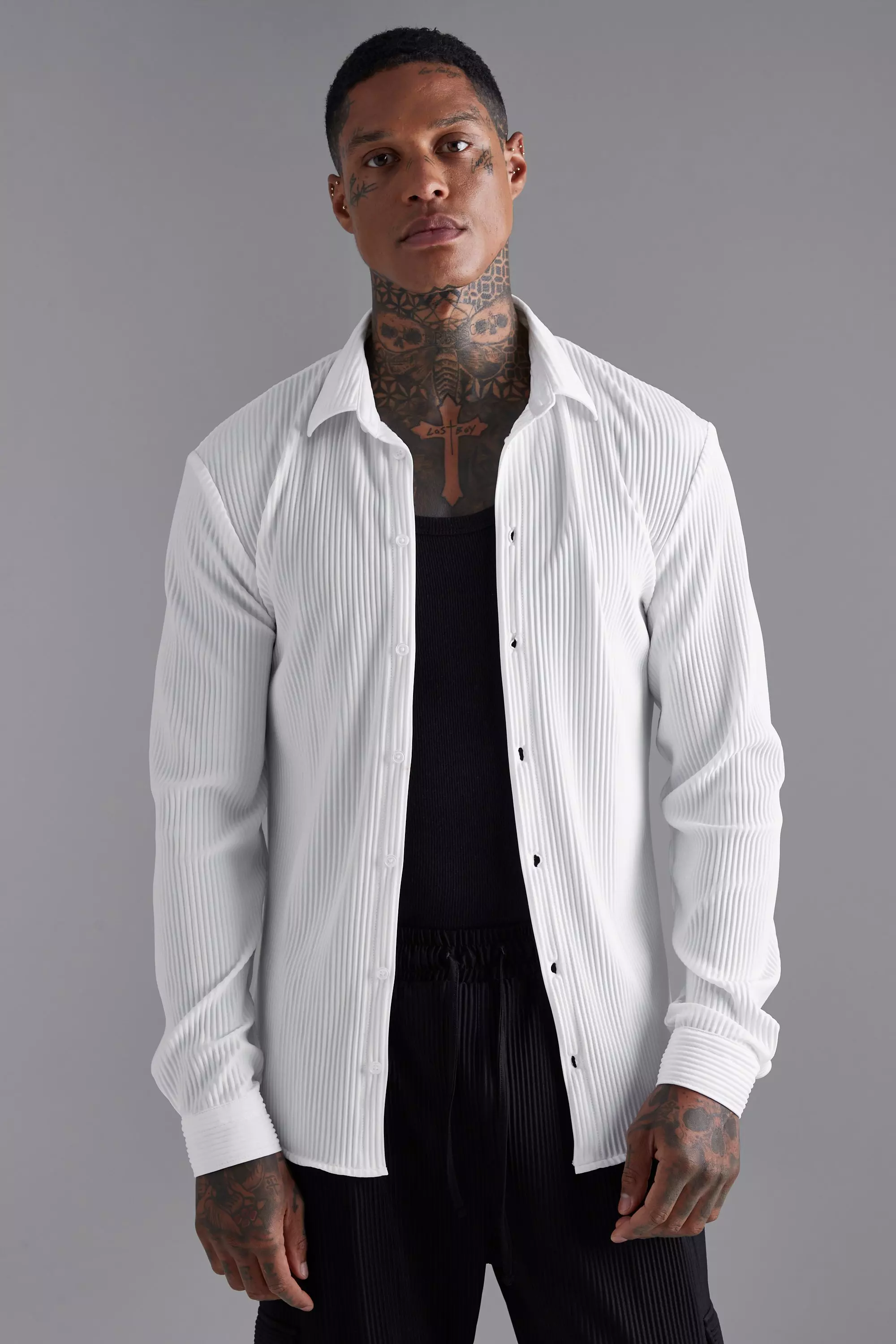 White Long Sleeve Pleated Shirt and Trouser Set alternative image