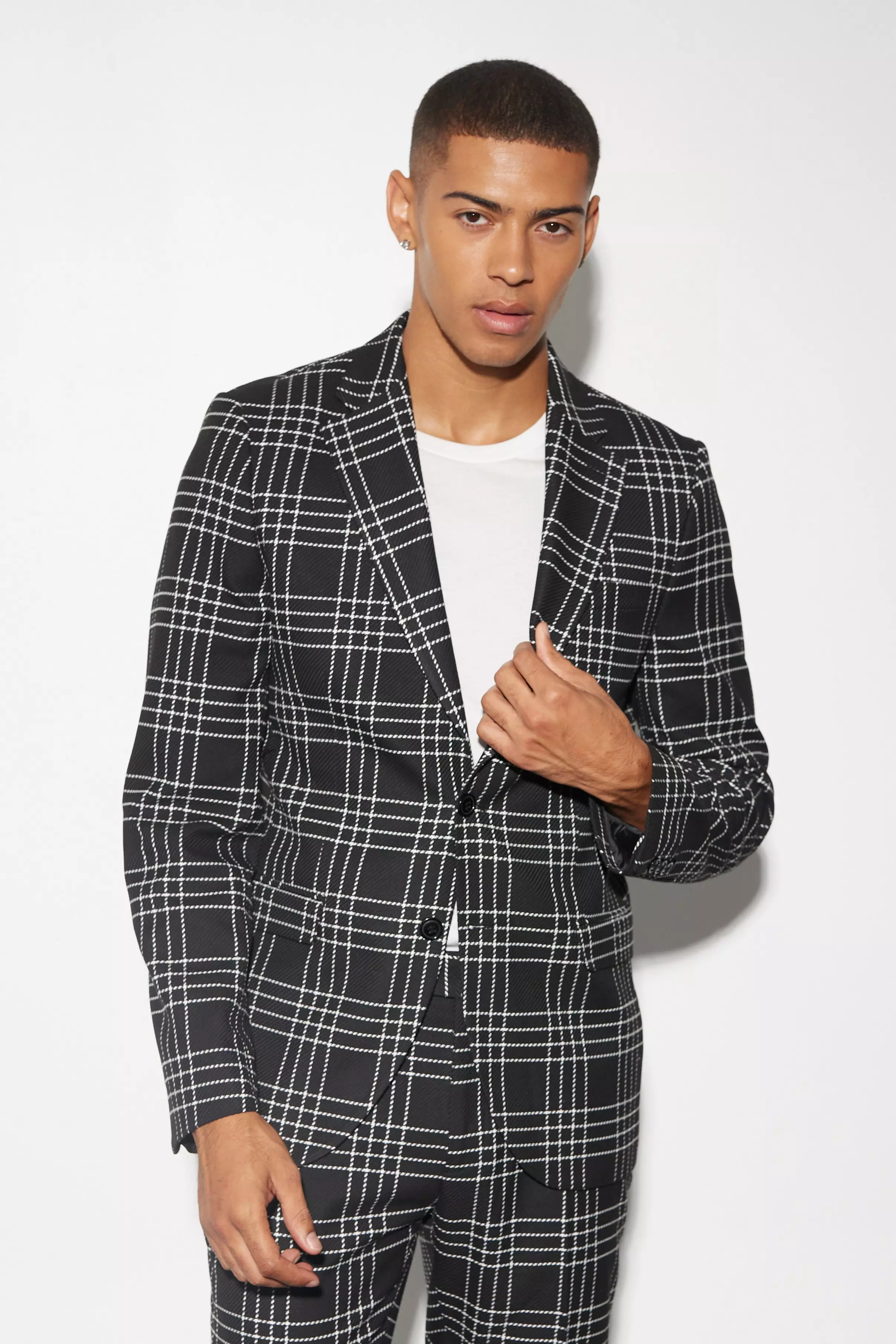 Slim Check Suit Jacket Black