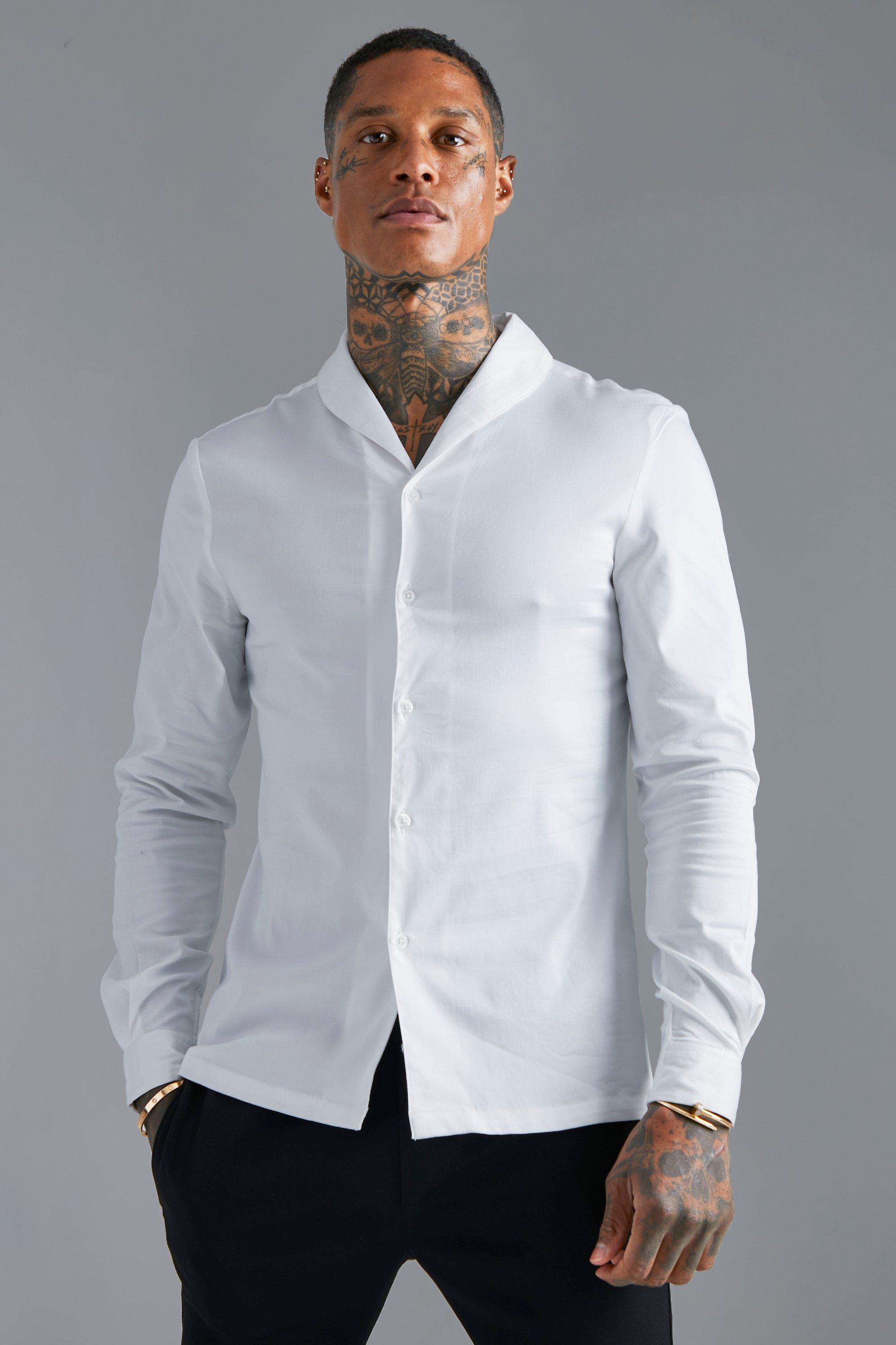 Long Sleeve Slim Shawl Collar Sateen Shirt | boohooMAN USA