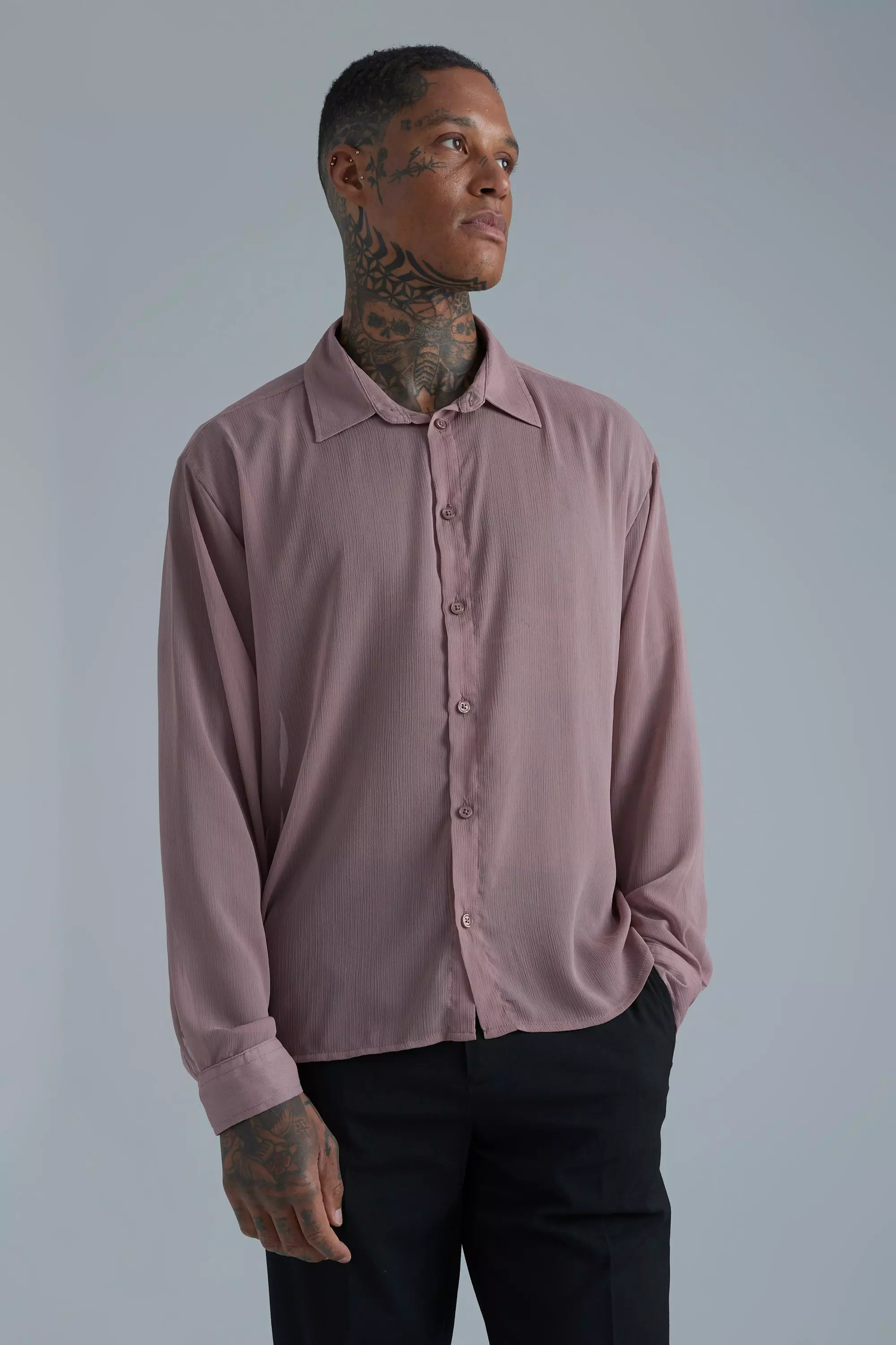 Long Sleeve Boxy Chiffon Shirt boohooMAN UK