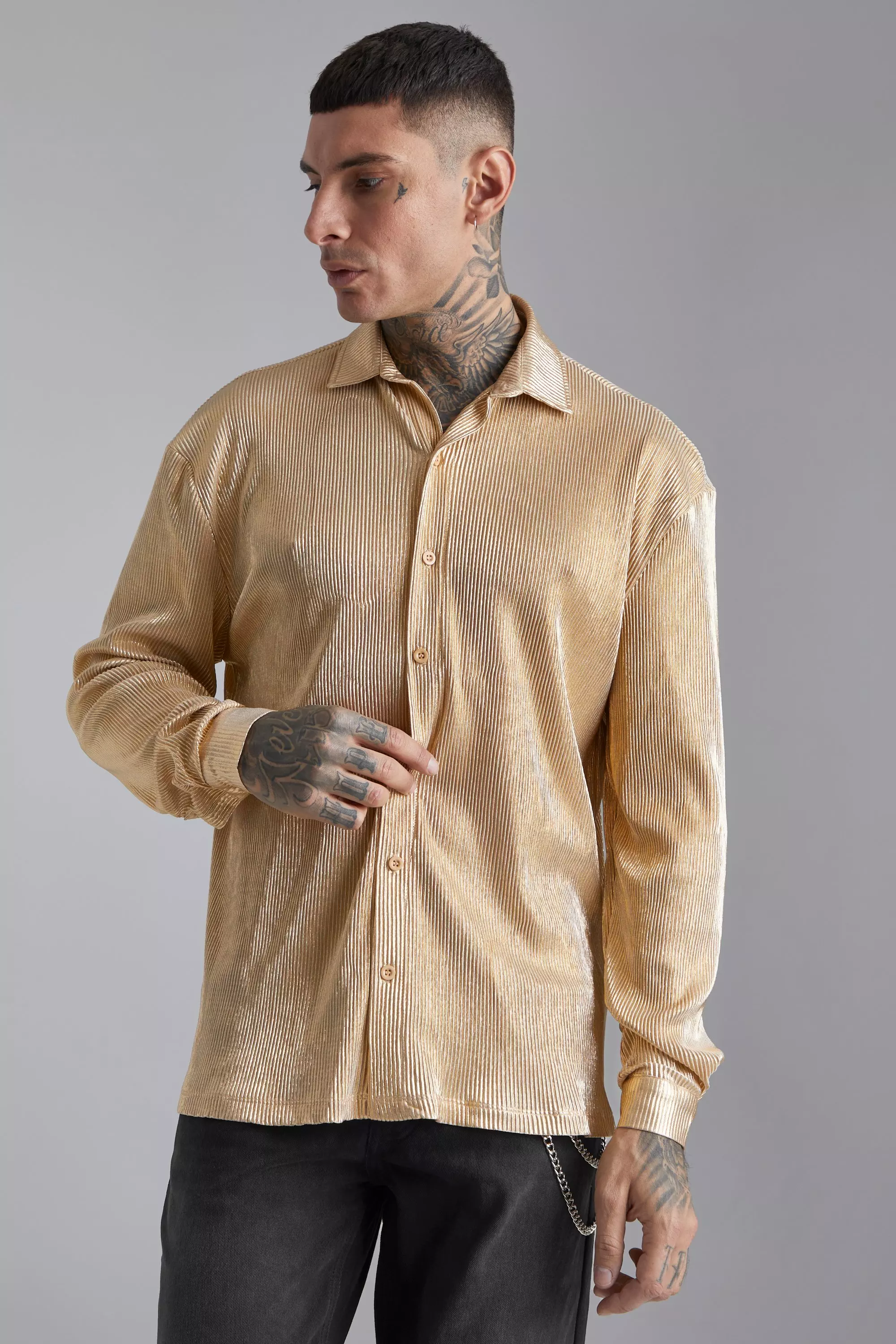 Gold Long Sleeve Metallic Oversized Pleated Shirt alternative image