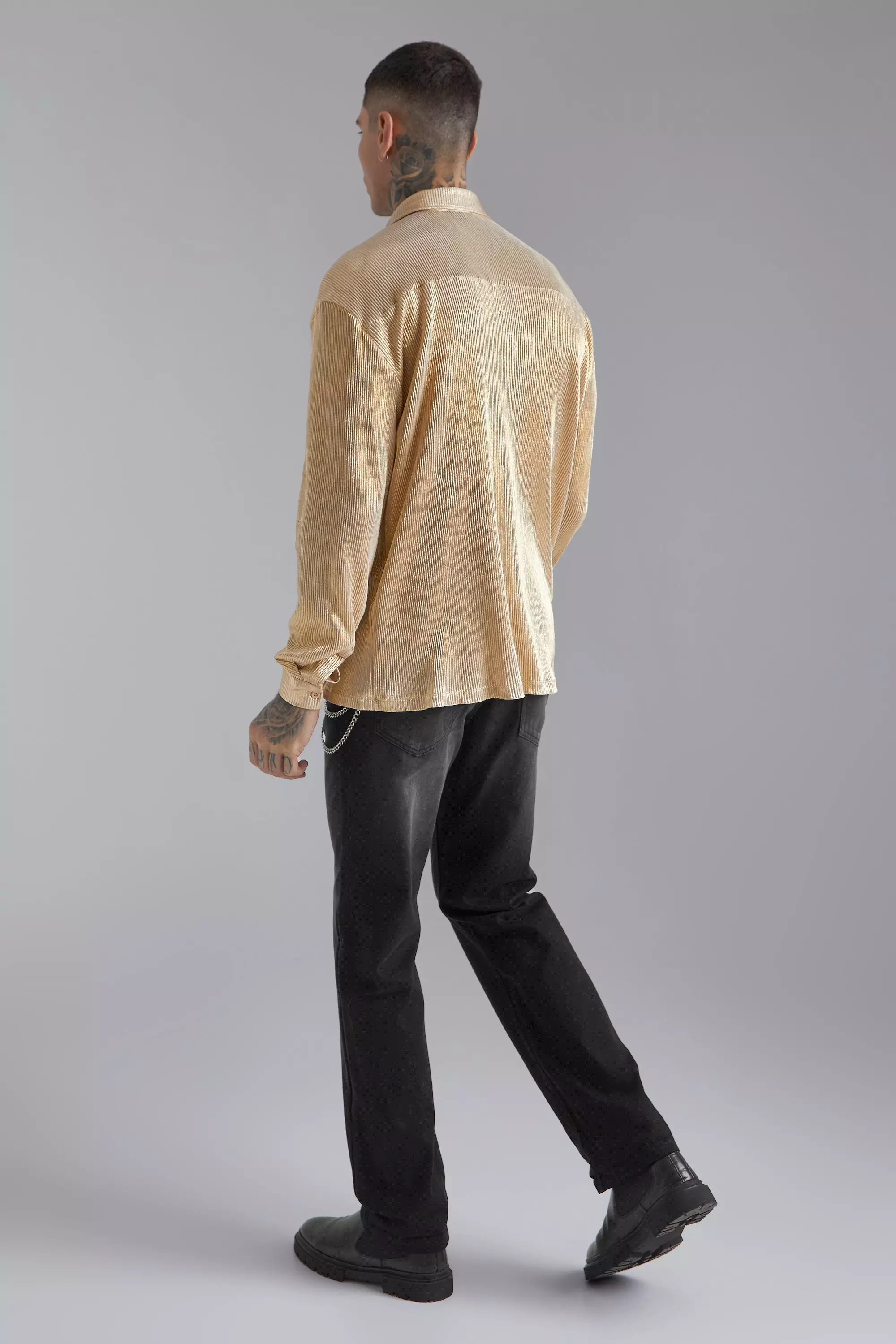 Gold Long Sleeve Metallic Oversized Pleated Shirt alternative image