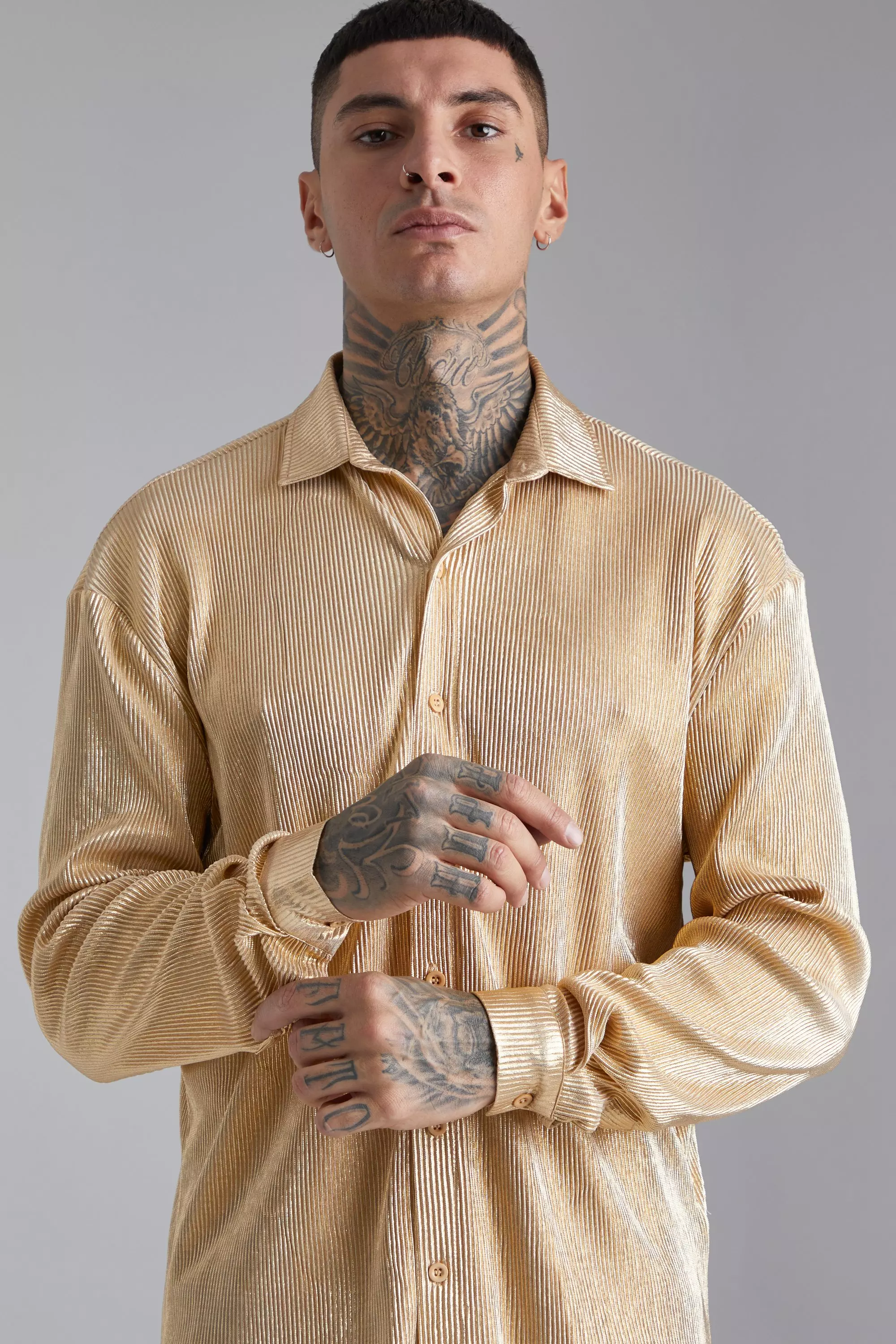 Gold Long Sleeve Metallic Oversized Pleated Shirt alternative image