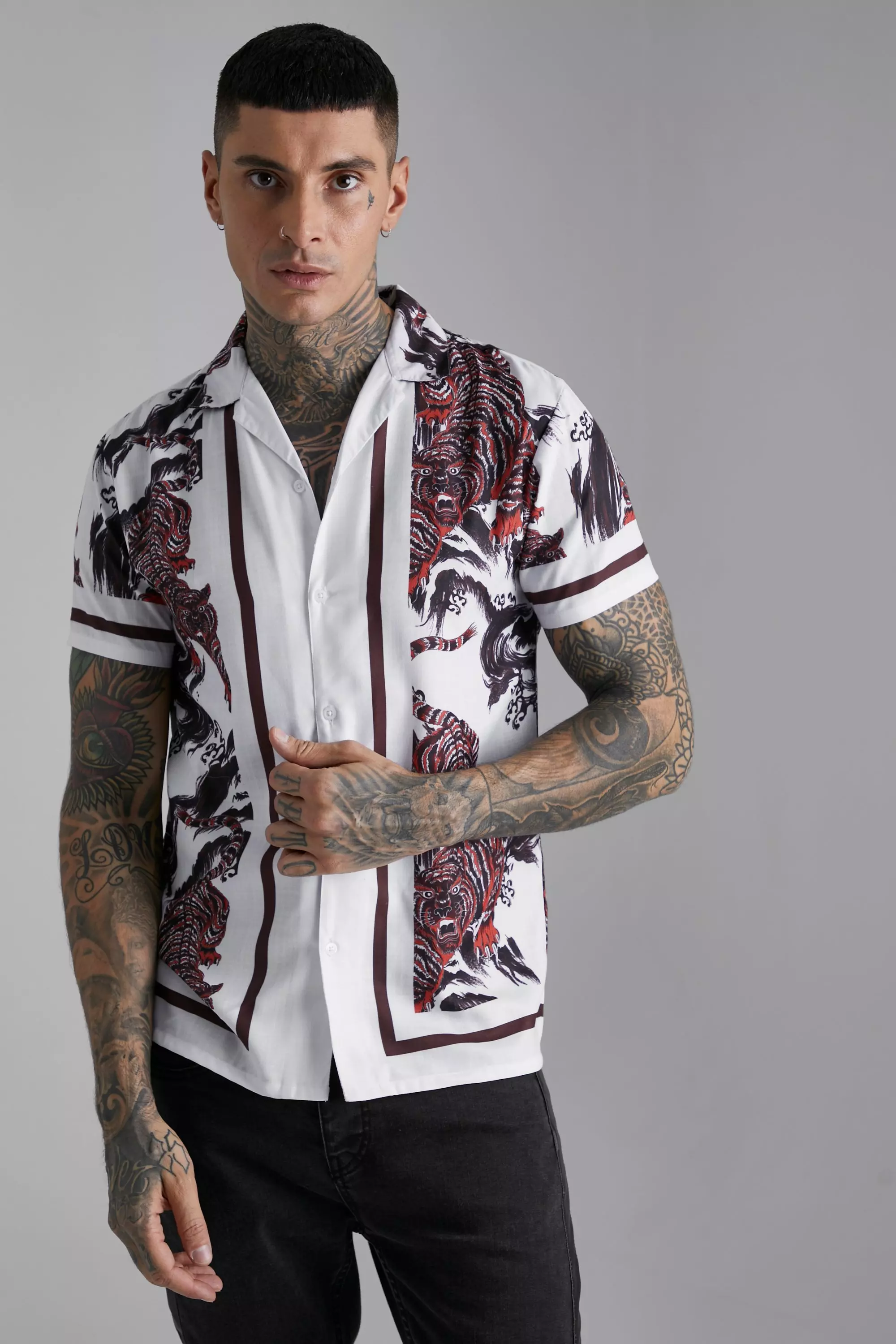 Slub Texture Tiger Print Shirt Ecru