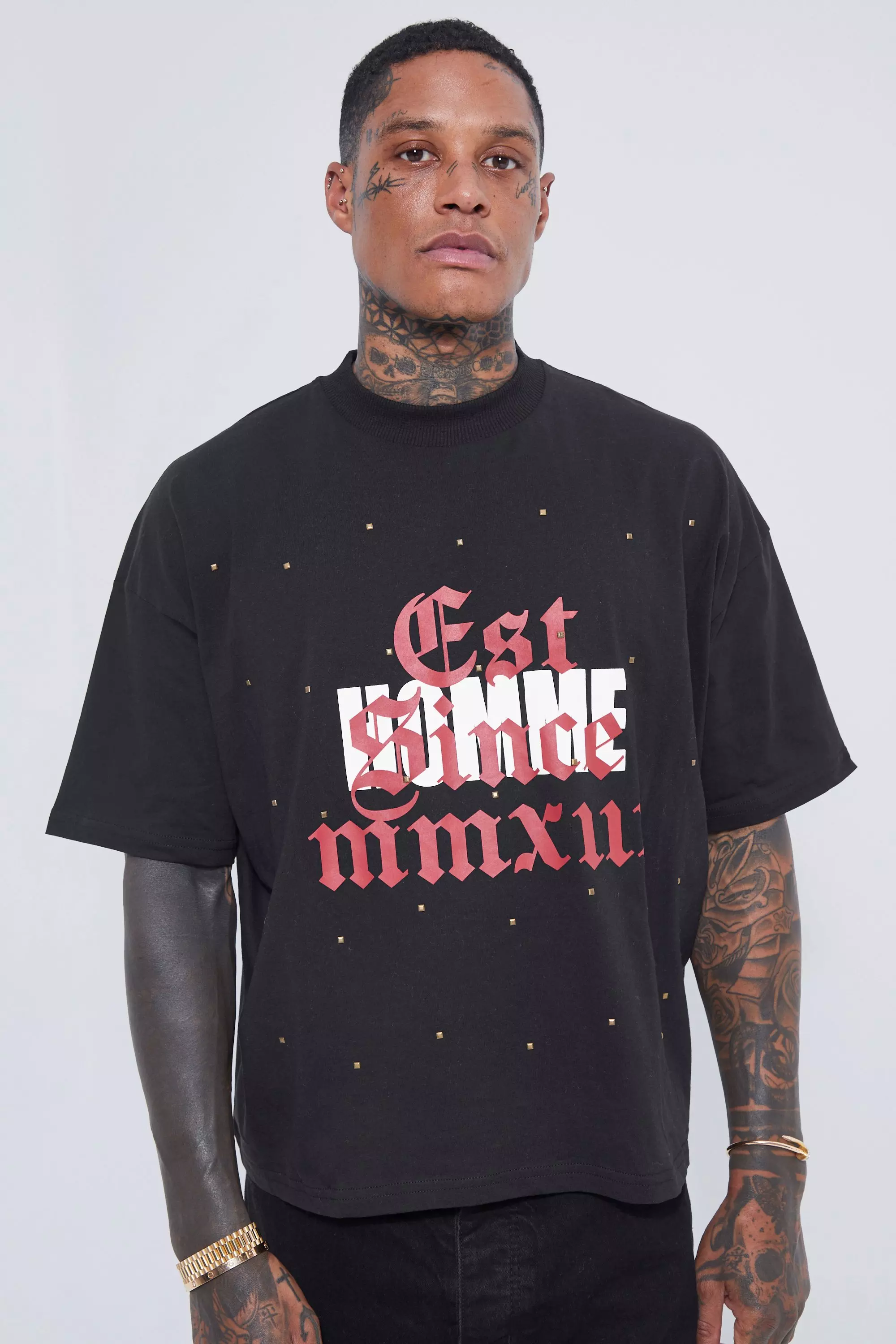 Oversized Boxy T-shirt With Studs | boohooMAN USA