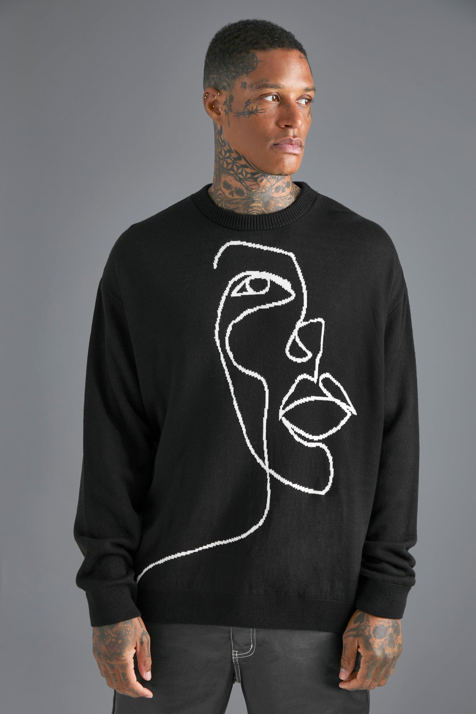 Oversized Scribble Face Knitted Sweater | boohooMAN USA