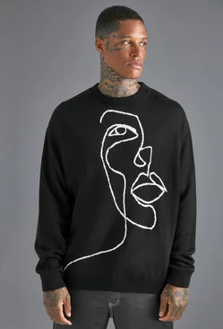 Oversized Scribble Face Knitted Sweater Black