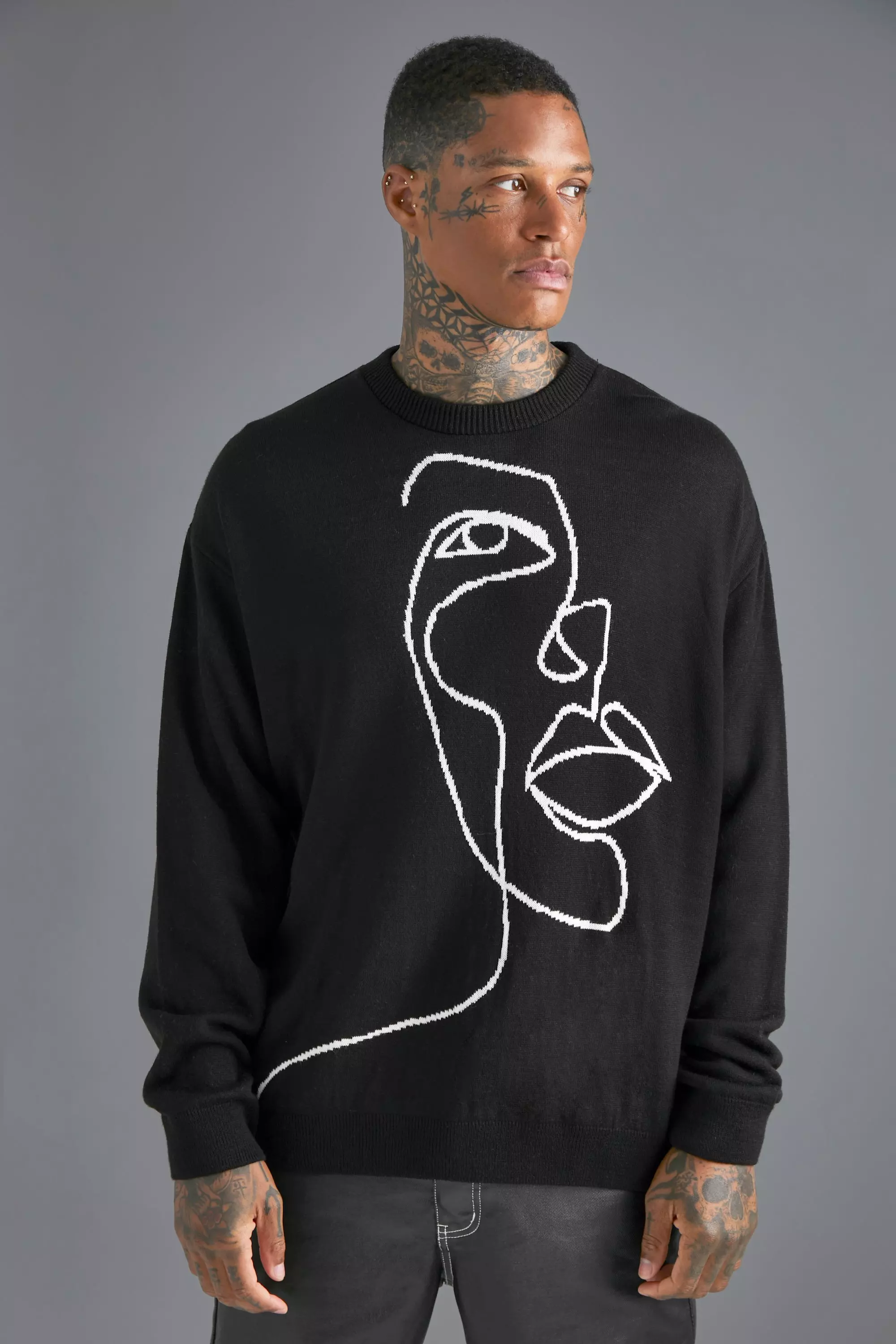 Oversized Scribble Face Knitted Sweater Black