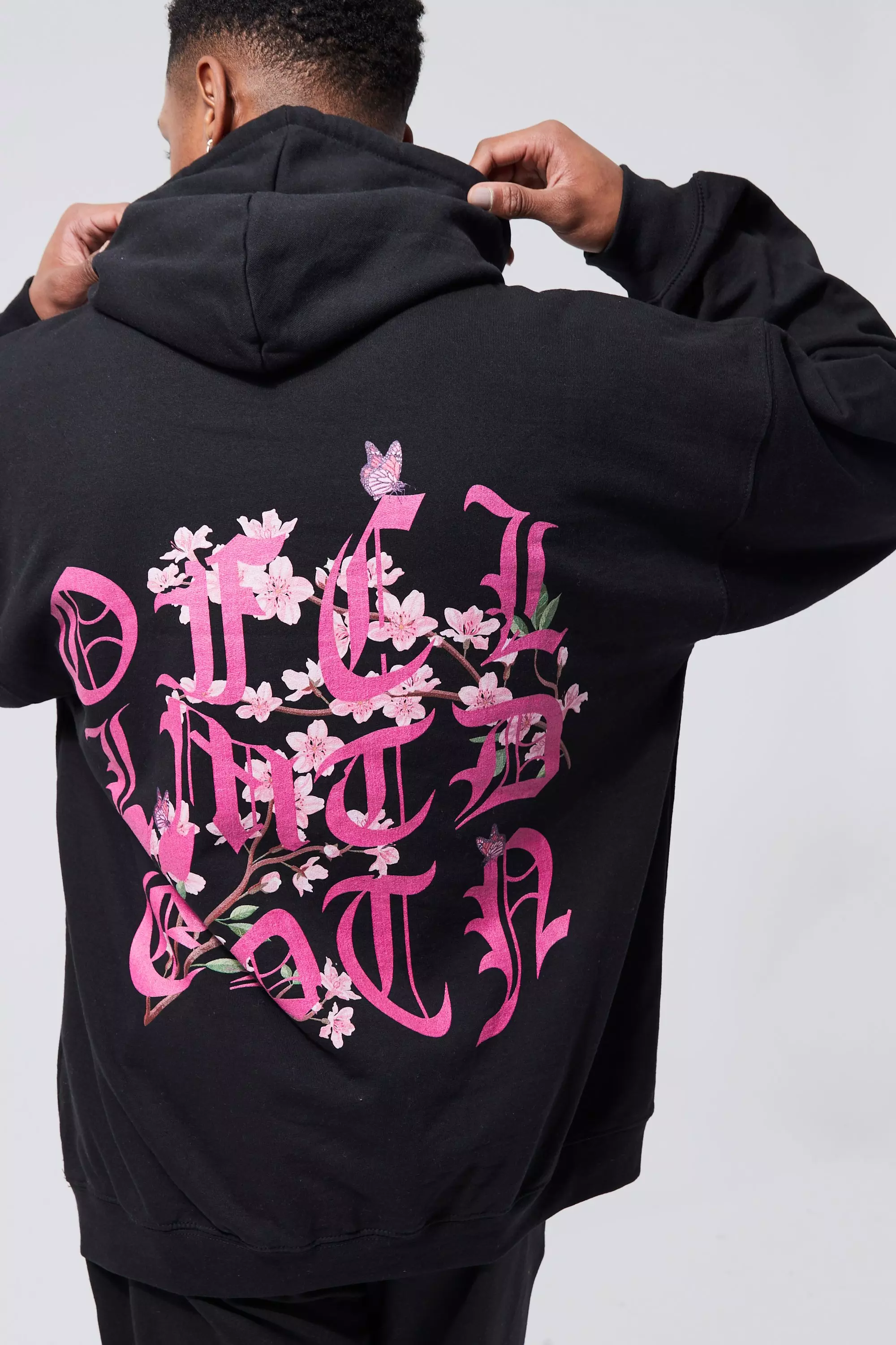 Oversized Floral Graphic Hoodie Black