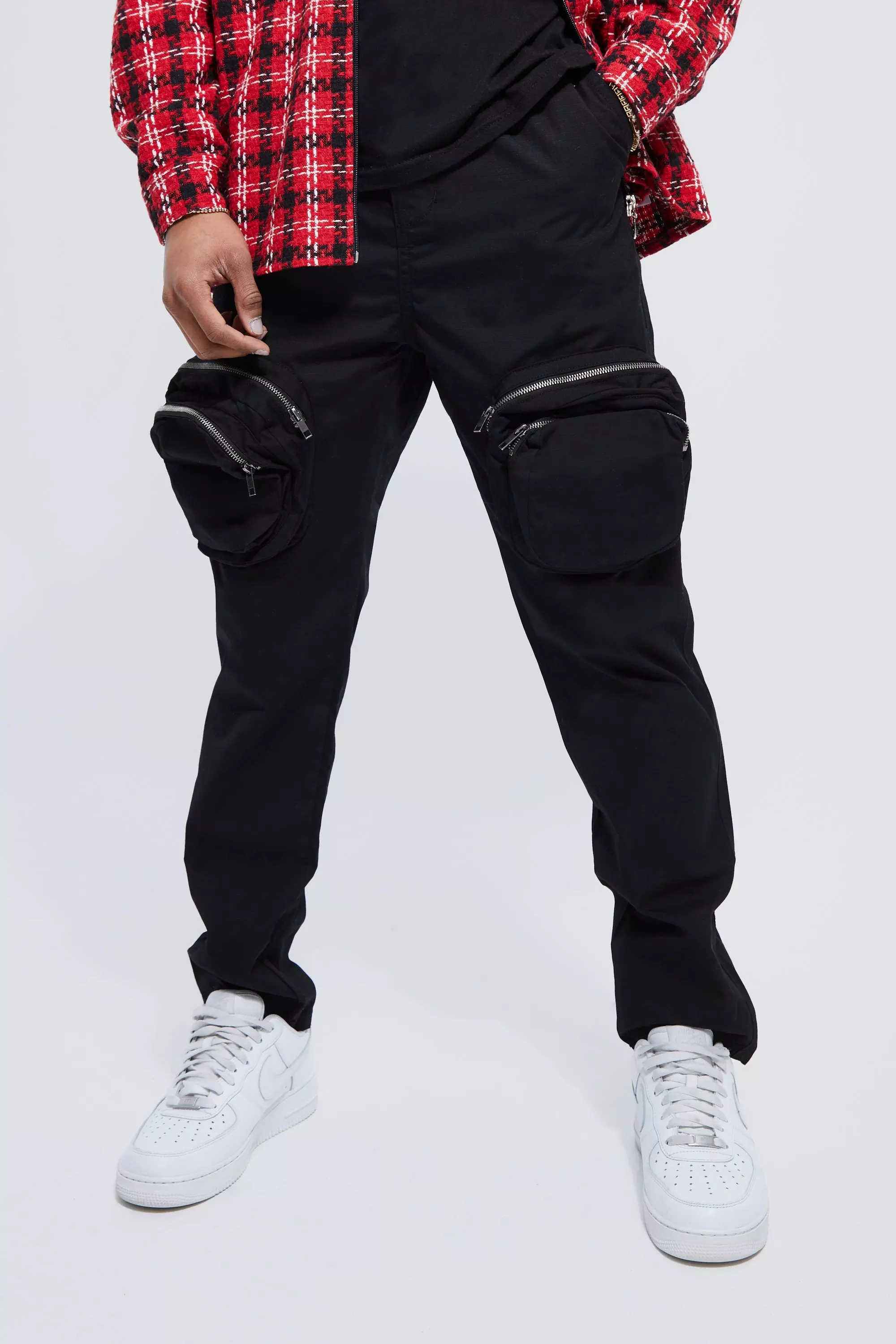 Black Fixed Waist Slim Fit Zip Detail Cargo Pants alternative image
