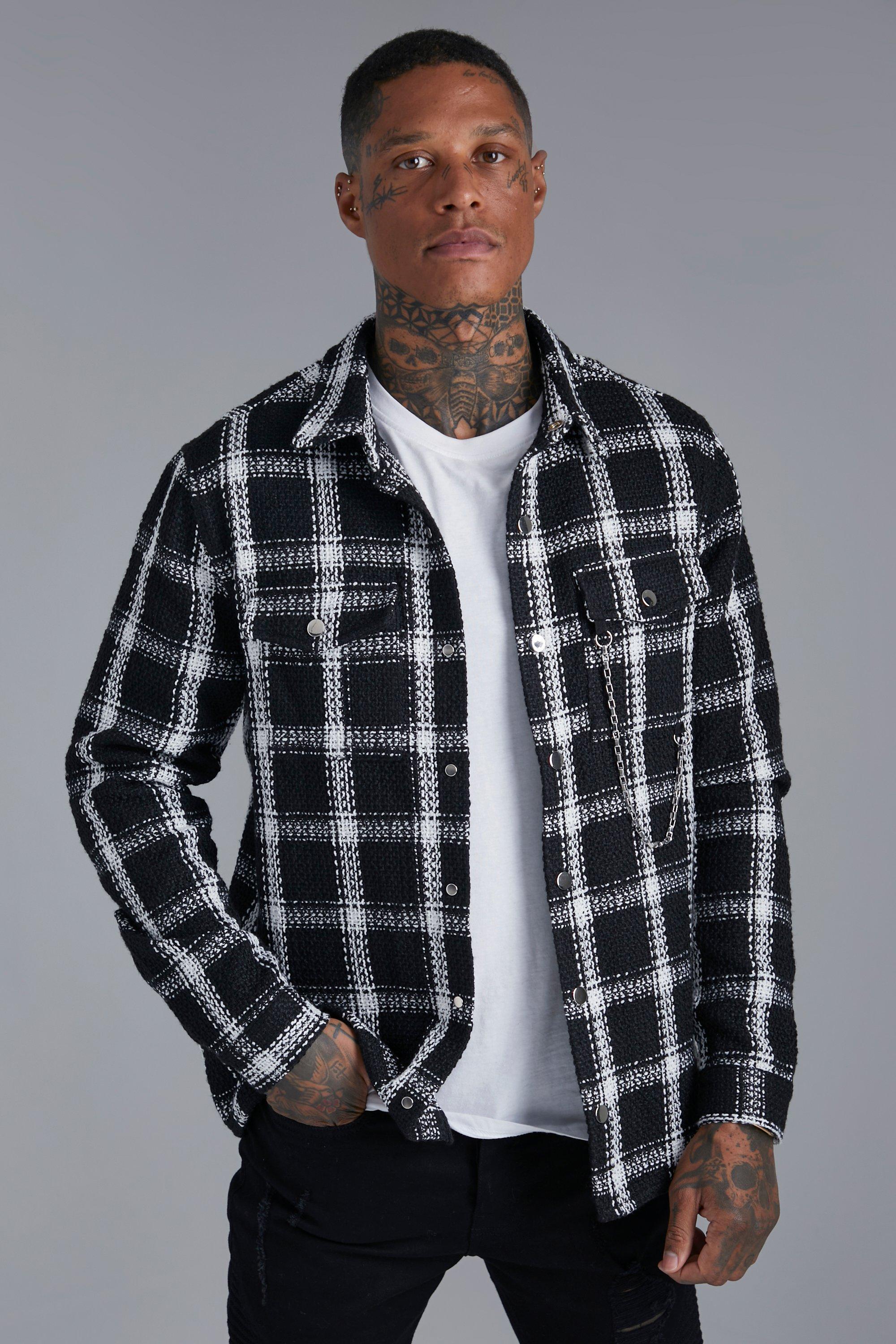 Heavyweight Check Boucle Overshirt With Chain | boohooMAN USA