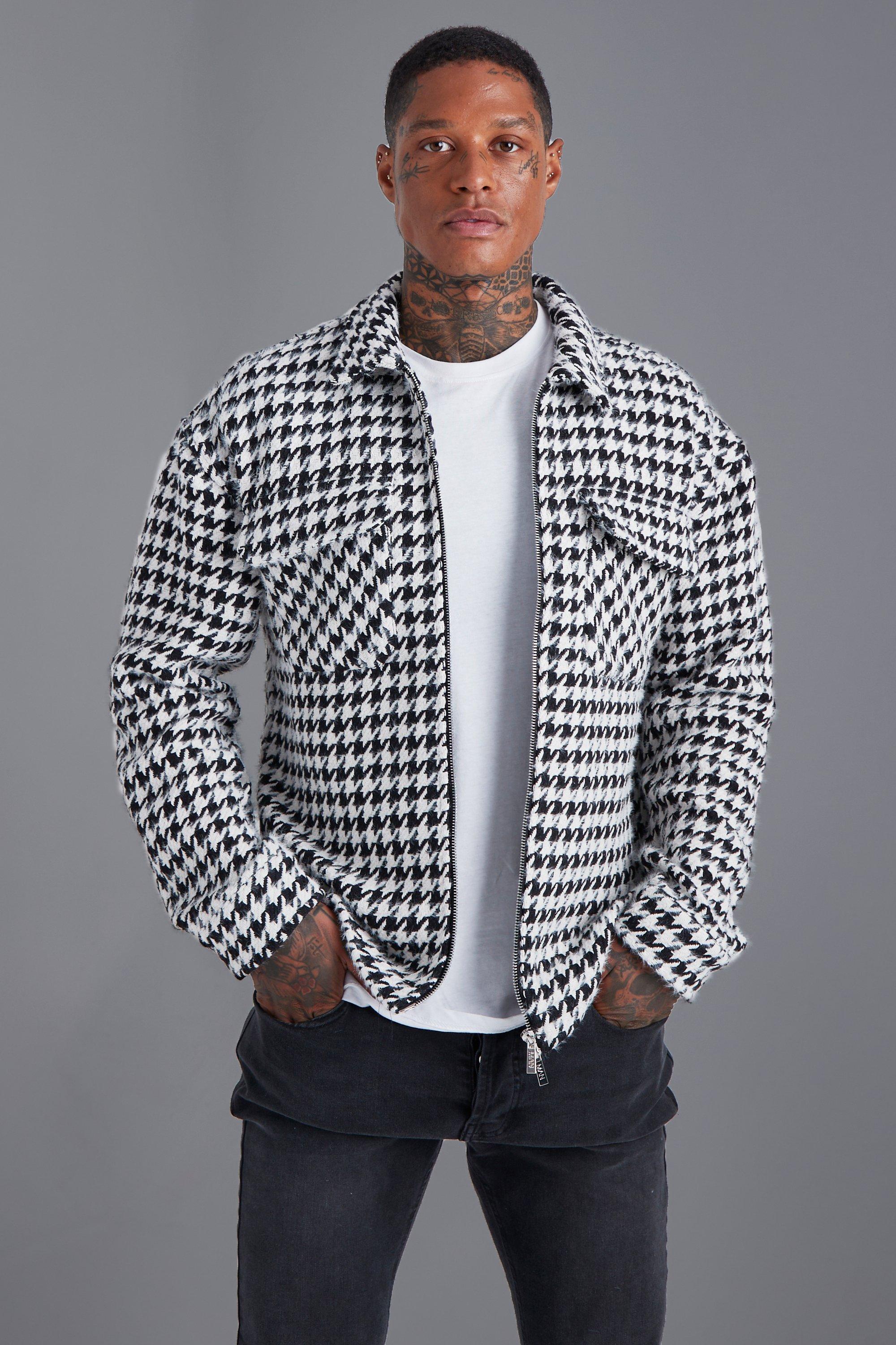 Boxy Zip Jacquard Dogooth Overshirt | boohooMAN USA