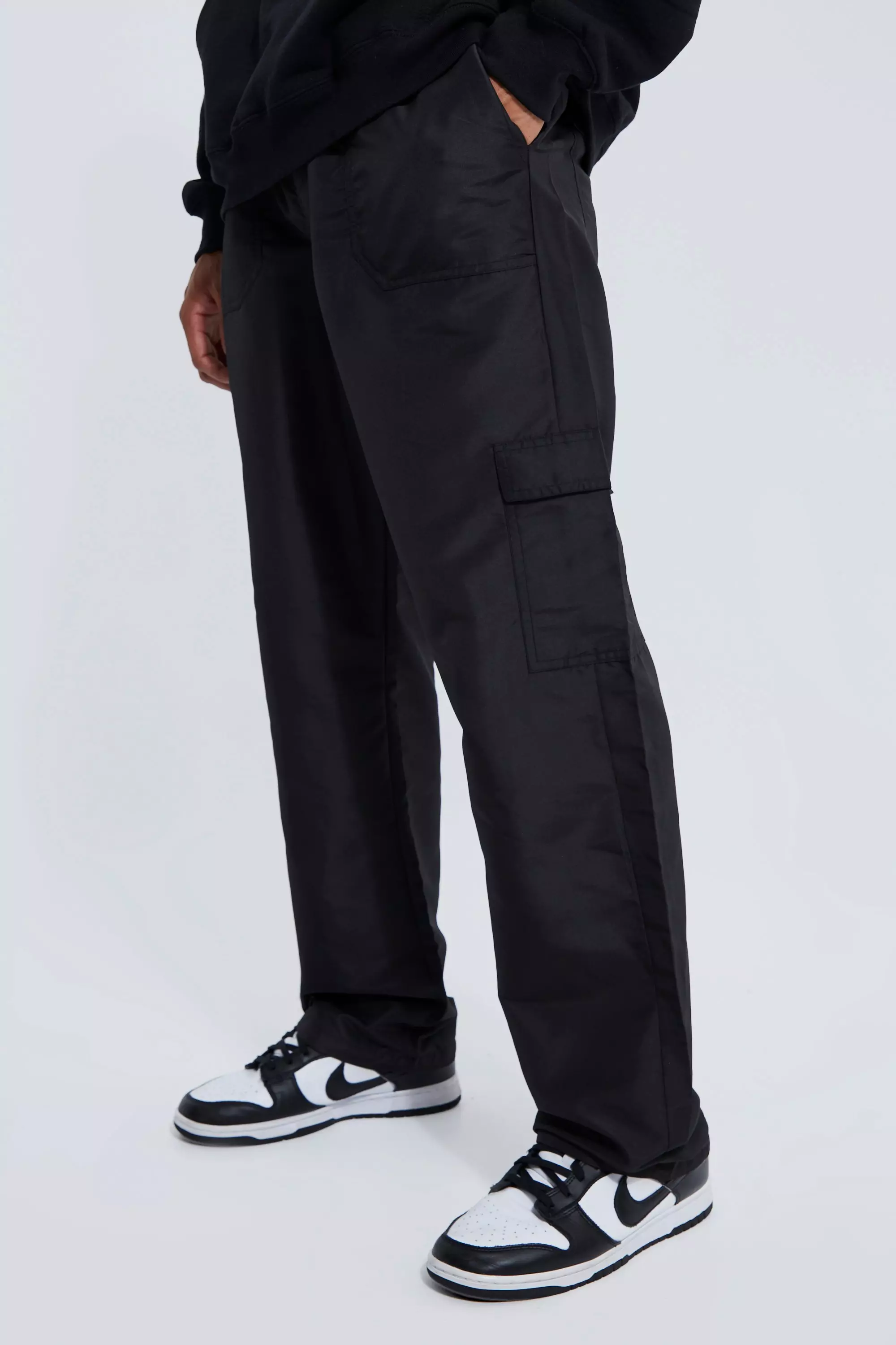 Elastic Waist Relaxed Fit Shell Cargo Pants Black