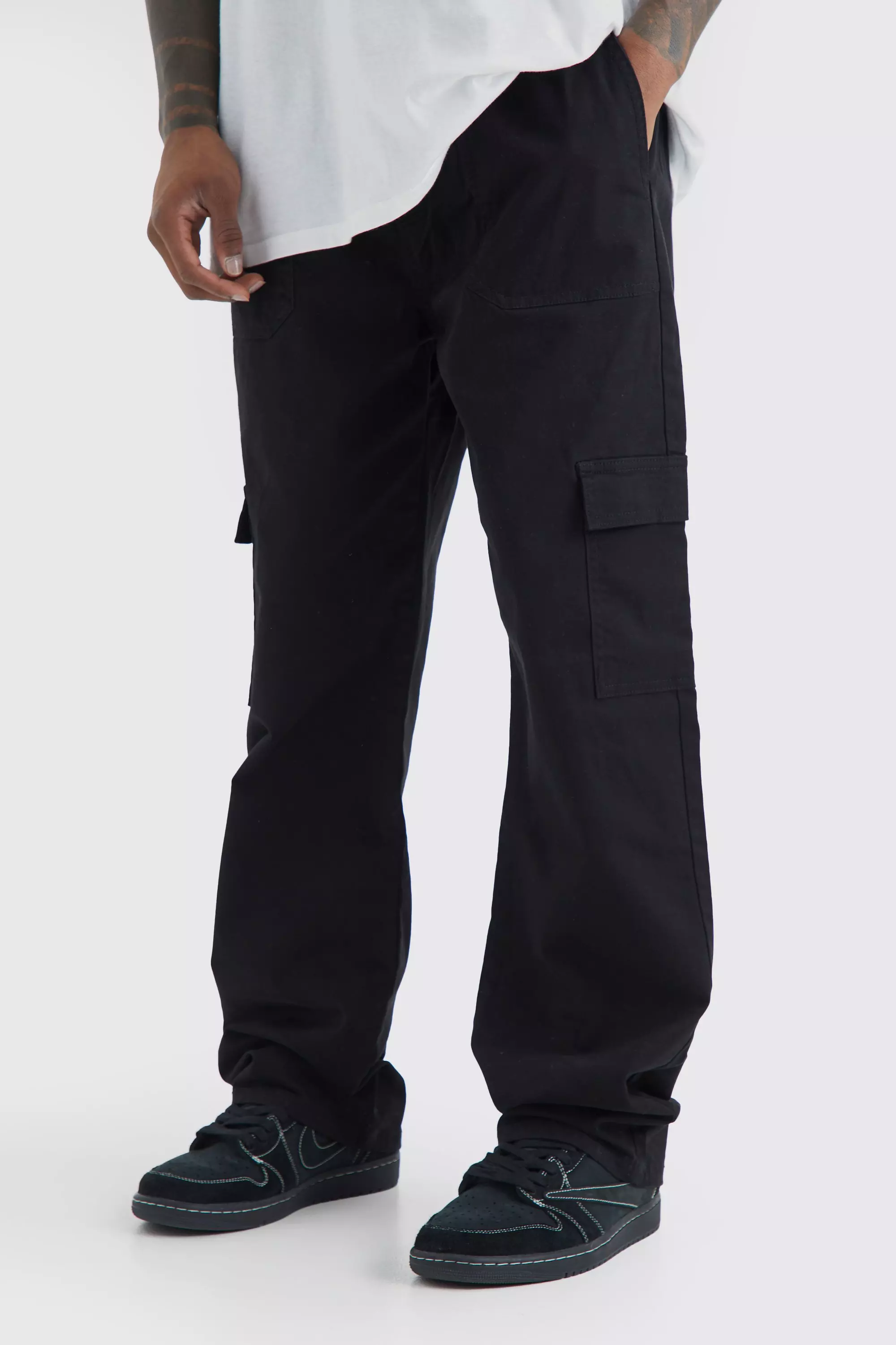 Elastic Waist Relaxed Fit Cargo Pants Black