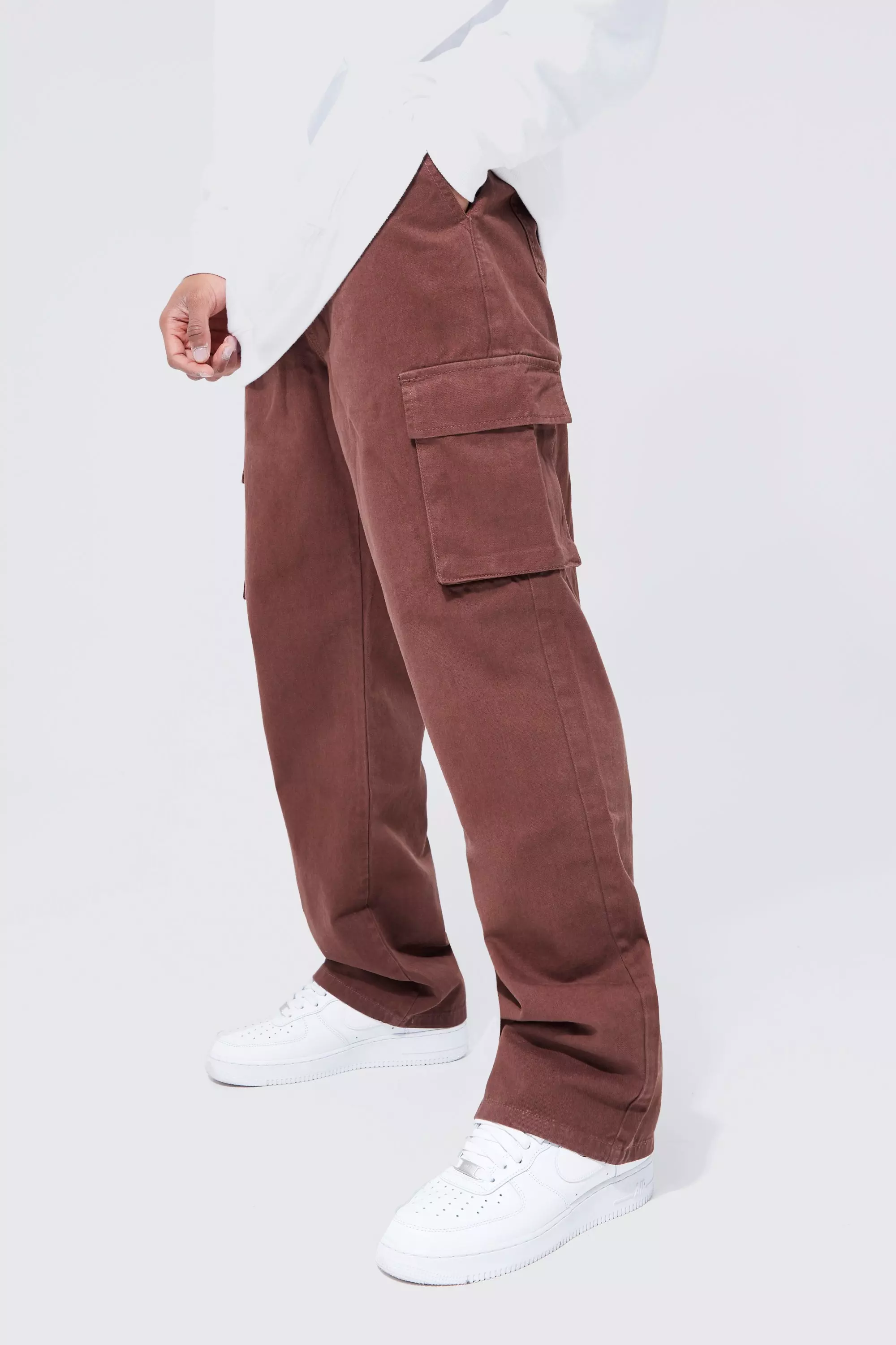 Elastic Waist Relaxed Fit Cargo Pants Chocolate