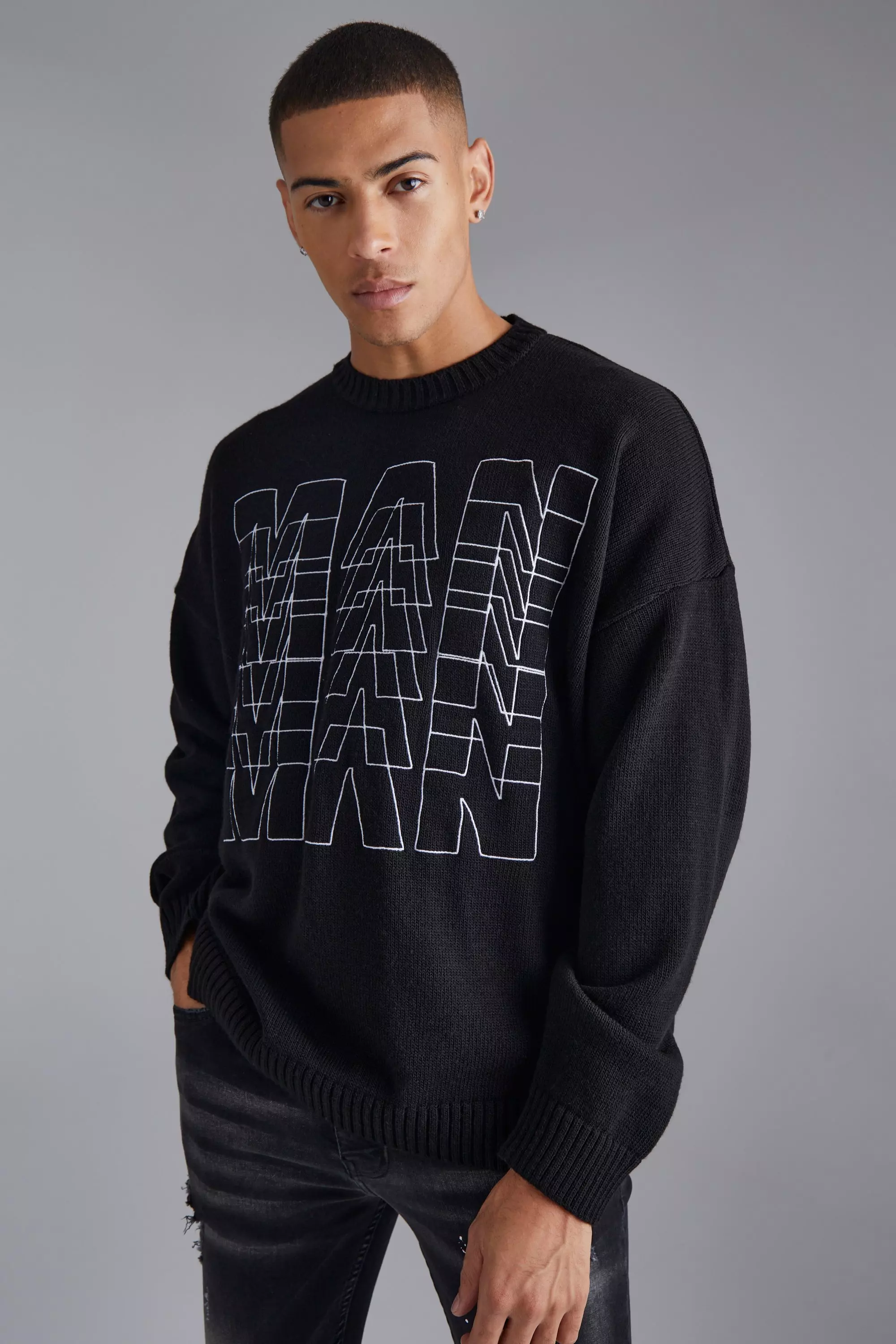 Man Repeat Embroidered Sweater Black