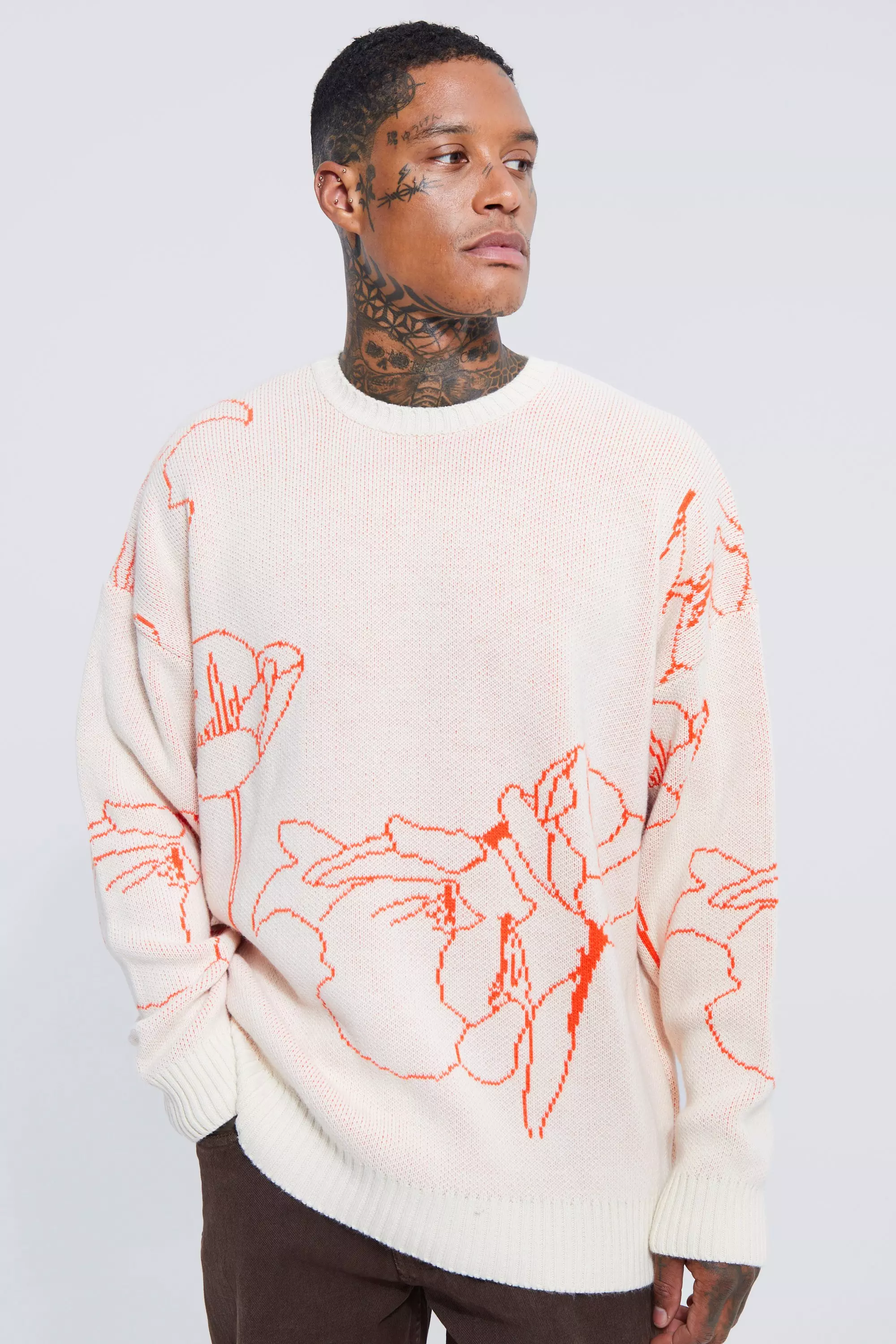 Neon Flower Line Knitted Jumper boohooMAN