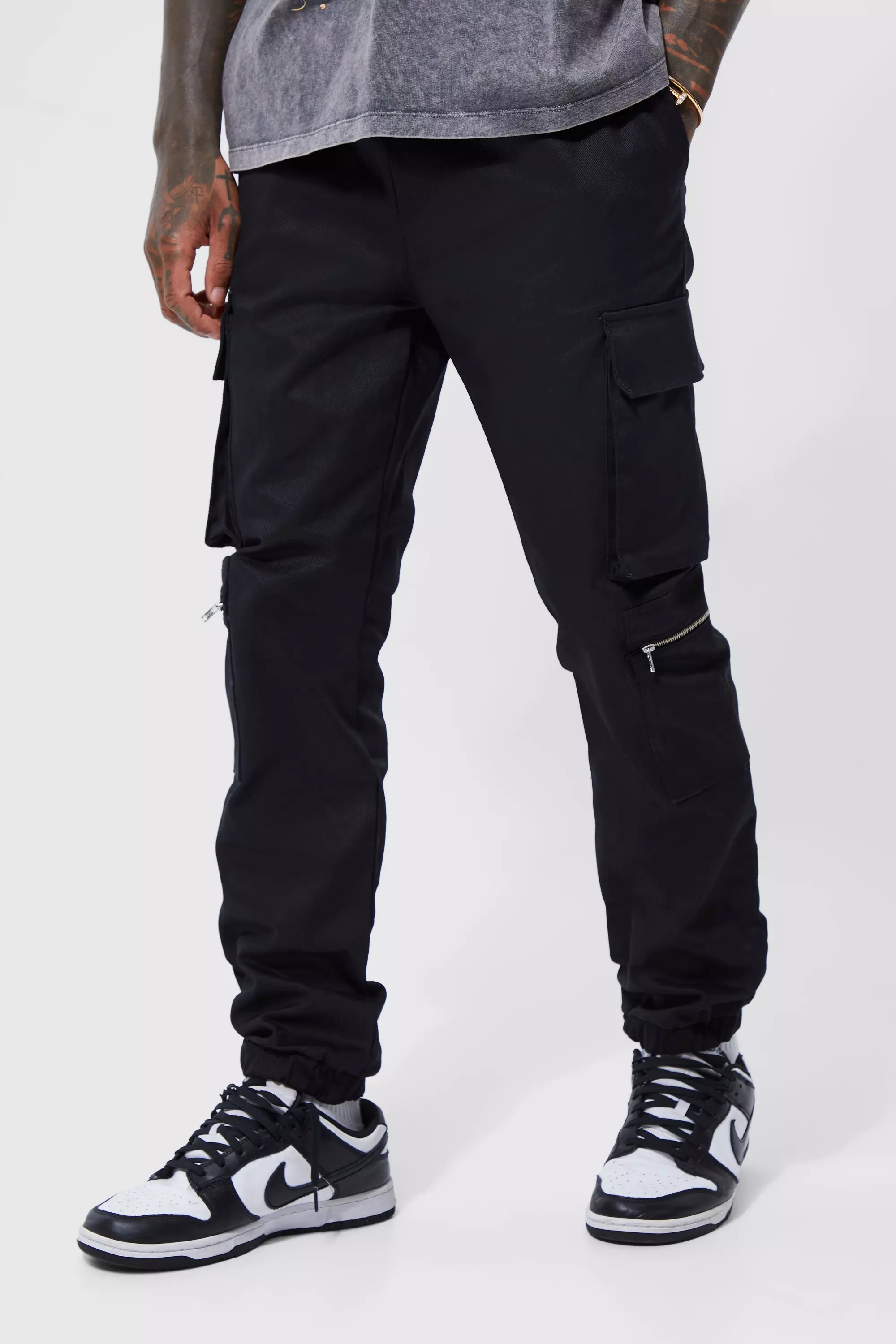 Elastic Waist Multi Pocket Zip Cargo Pants Black