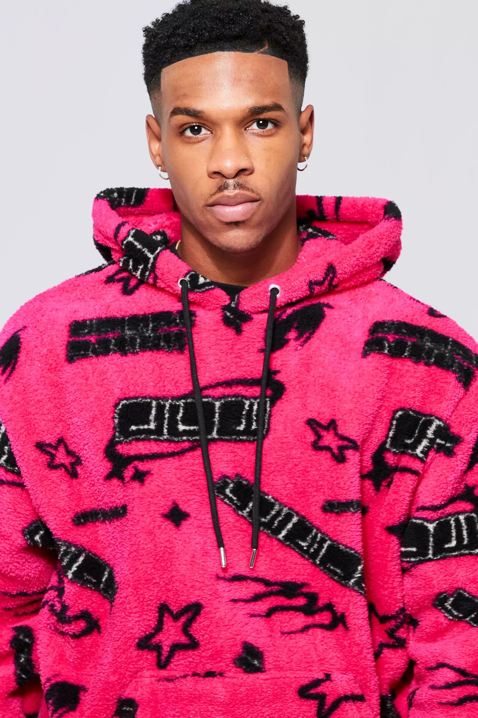 Oversized Multi Print Borg Hoodie | boohooMAN USA