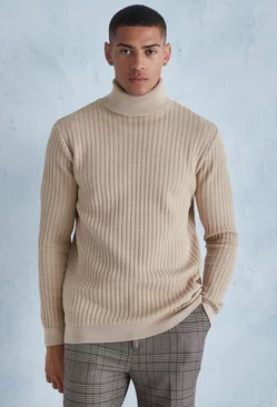 Smart Popcorn Texture Roll Neck Sweater Taupe