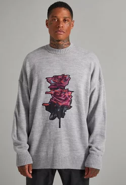 Grey Rose Patch Knitted Sweater