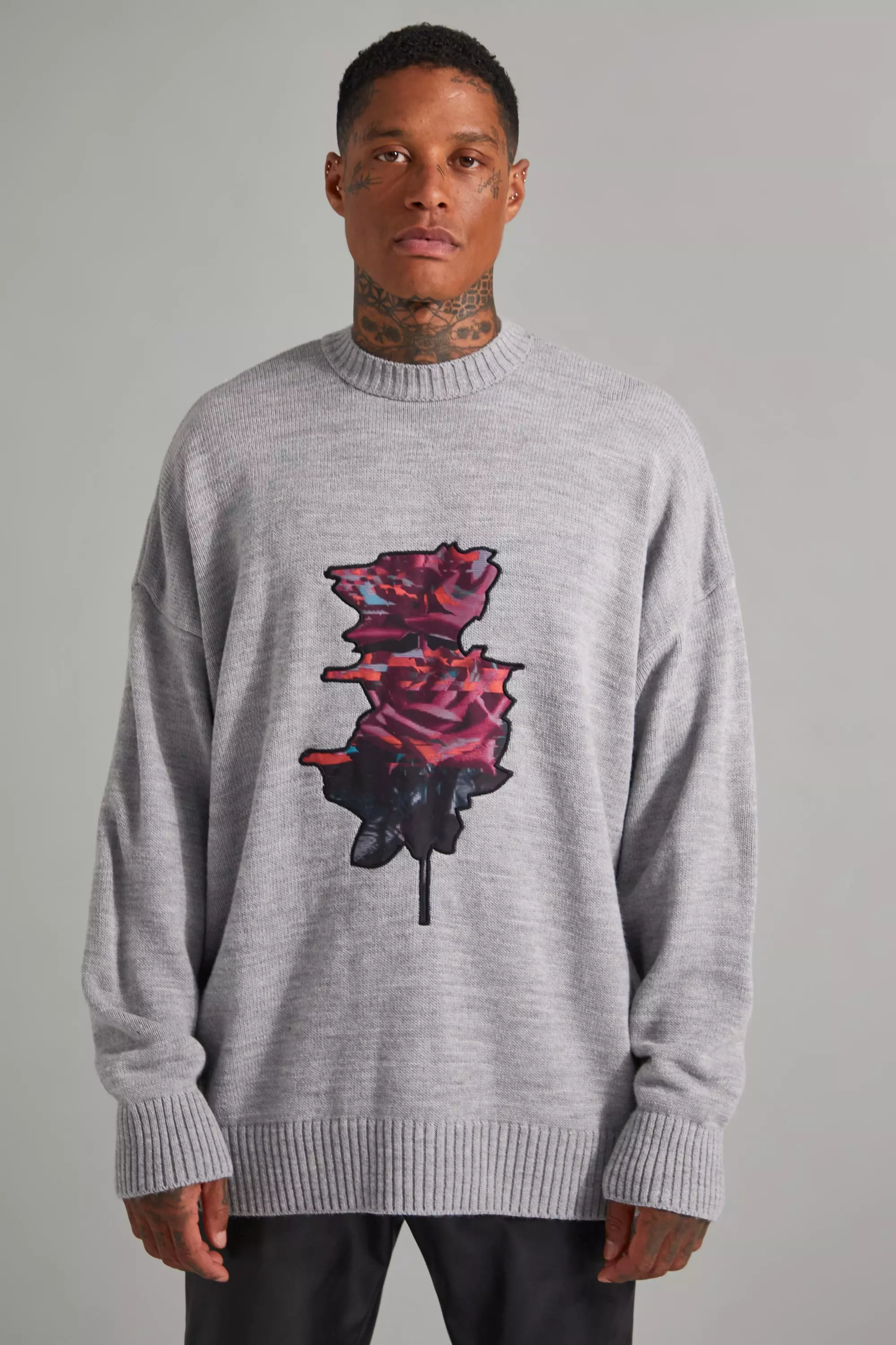 Rose Patch Knitted Sweater pale grey