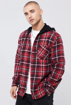 Hooded Brushed Check Shacket Red