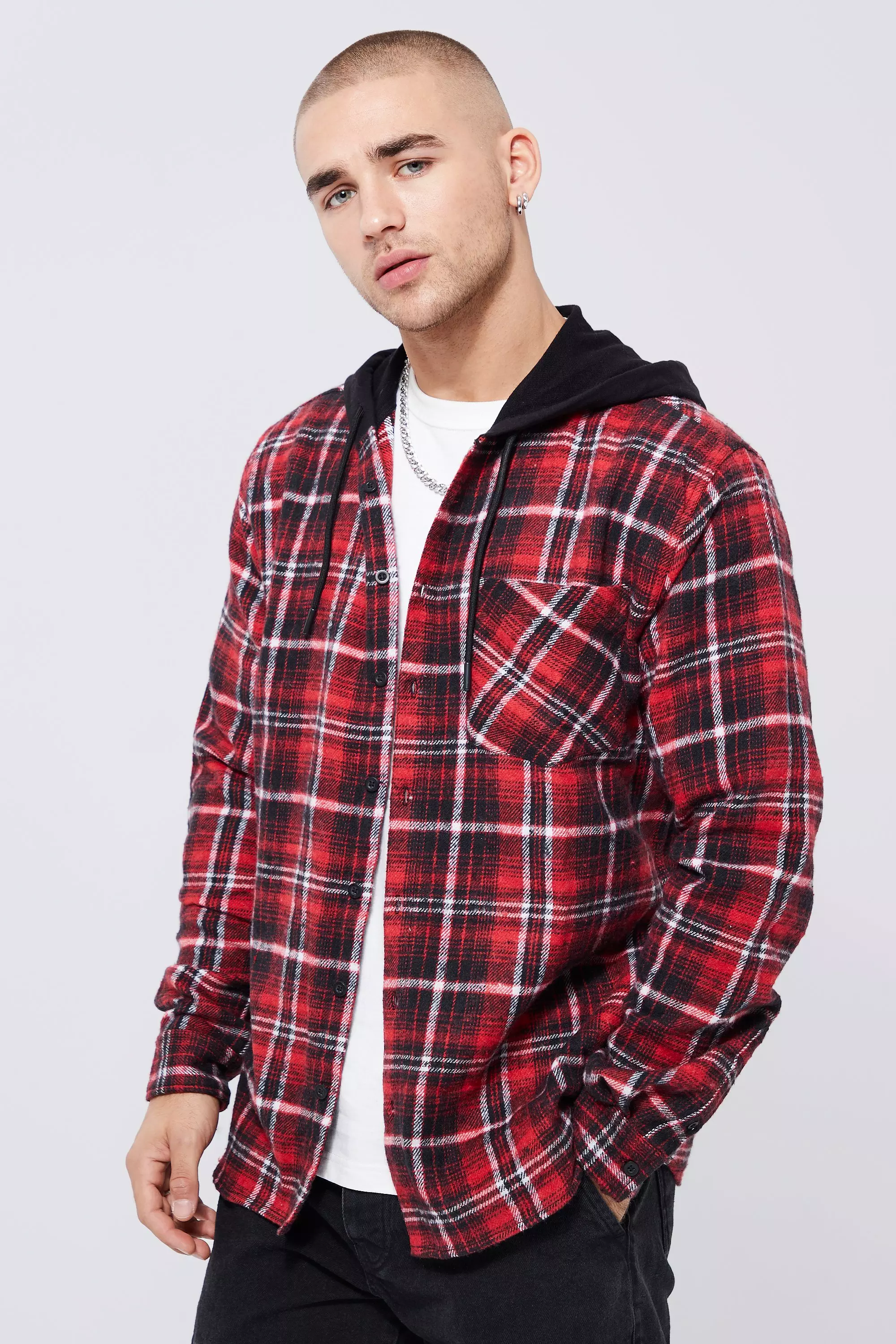 Red Hooded Brushed Check Shacket