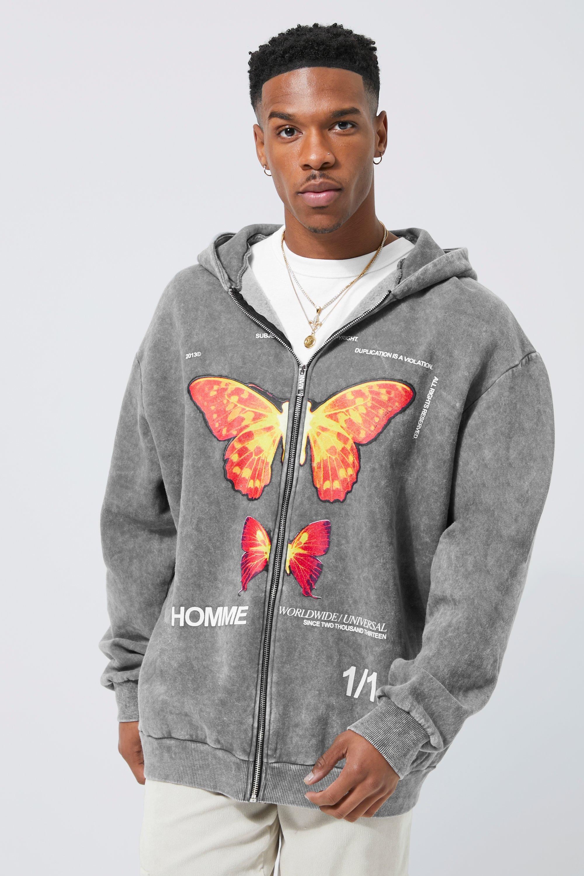 Oversized Washed Graphic Zip Through Hoodie | boohooMAN USA